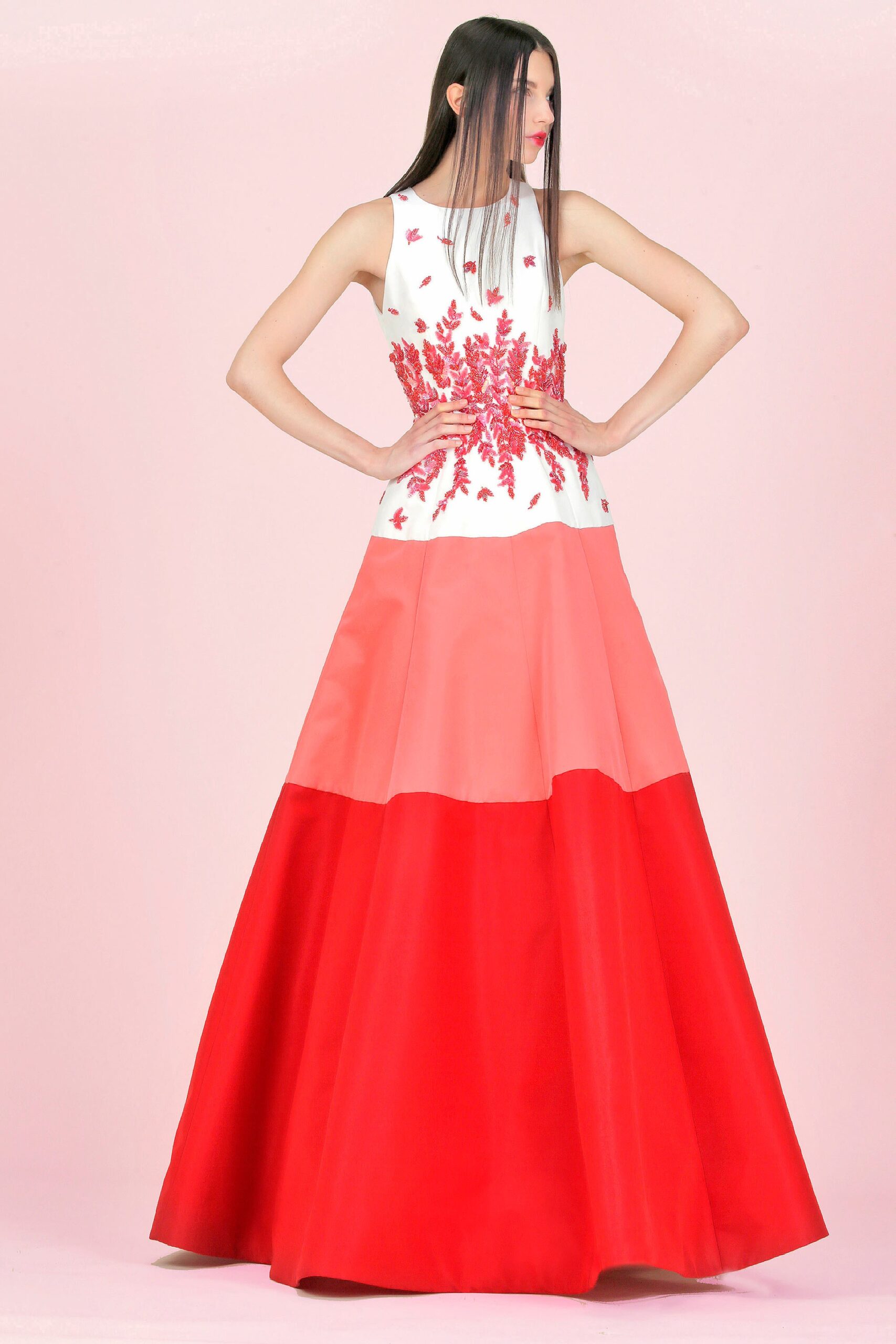 white pink red embroidered gown