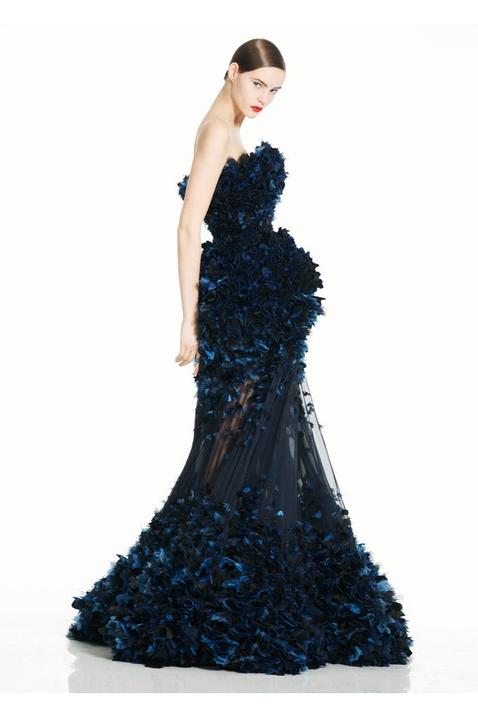 blue black ruffled strapless gown