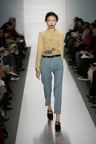 beige silk long-sleeve collared fitted printed blouse