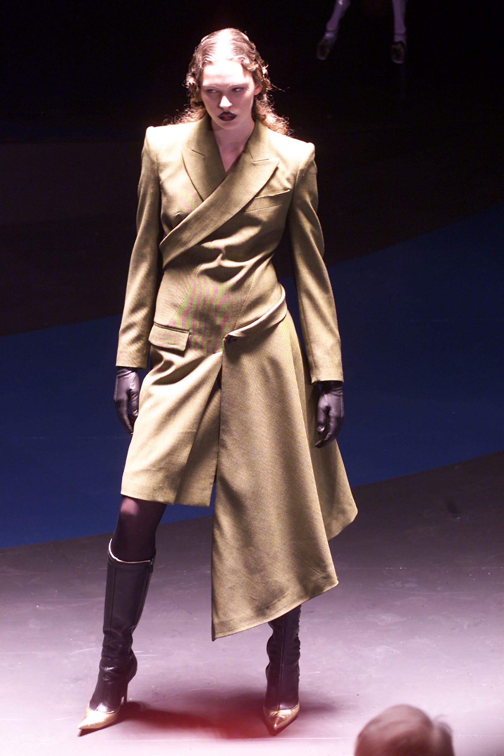 green wool long-sleeve collared structured belted midi coat