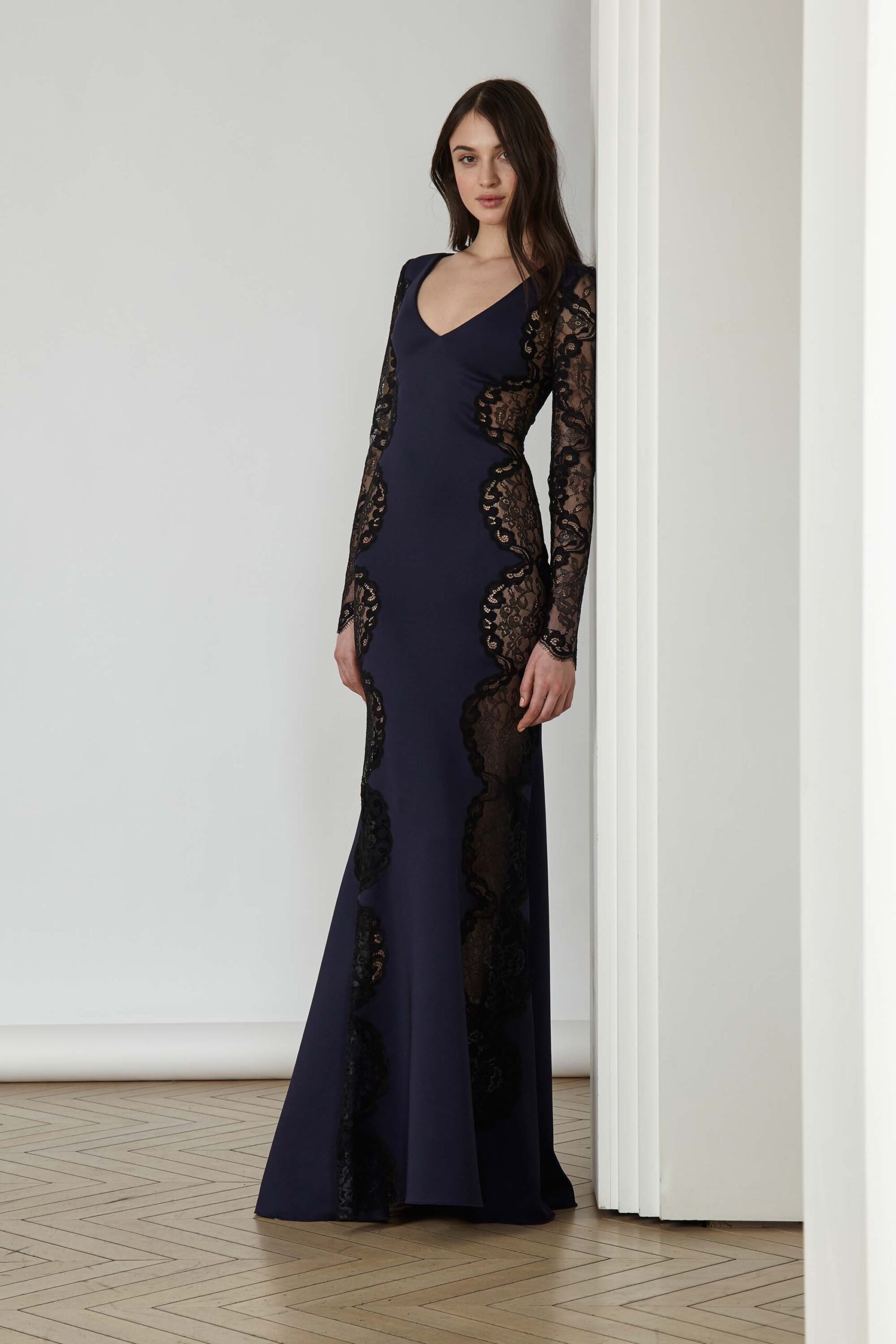 fitted navy silk gown