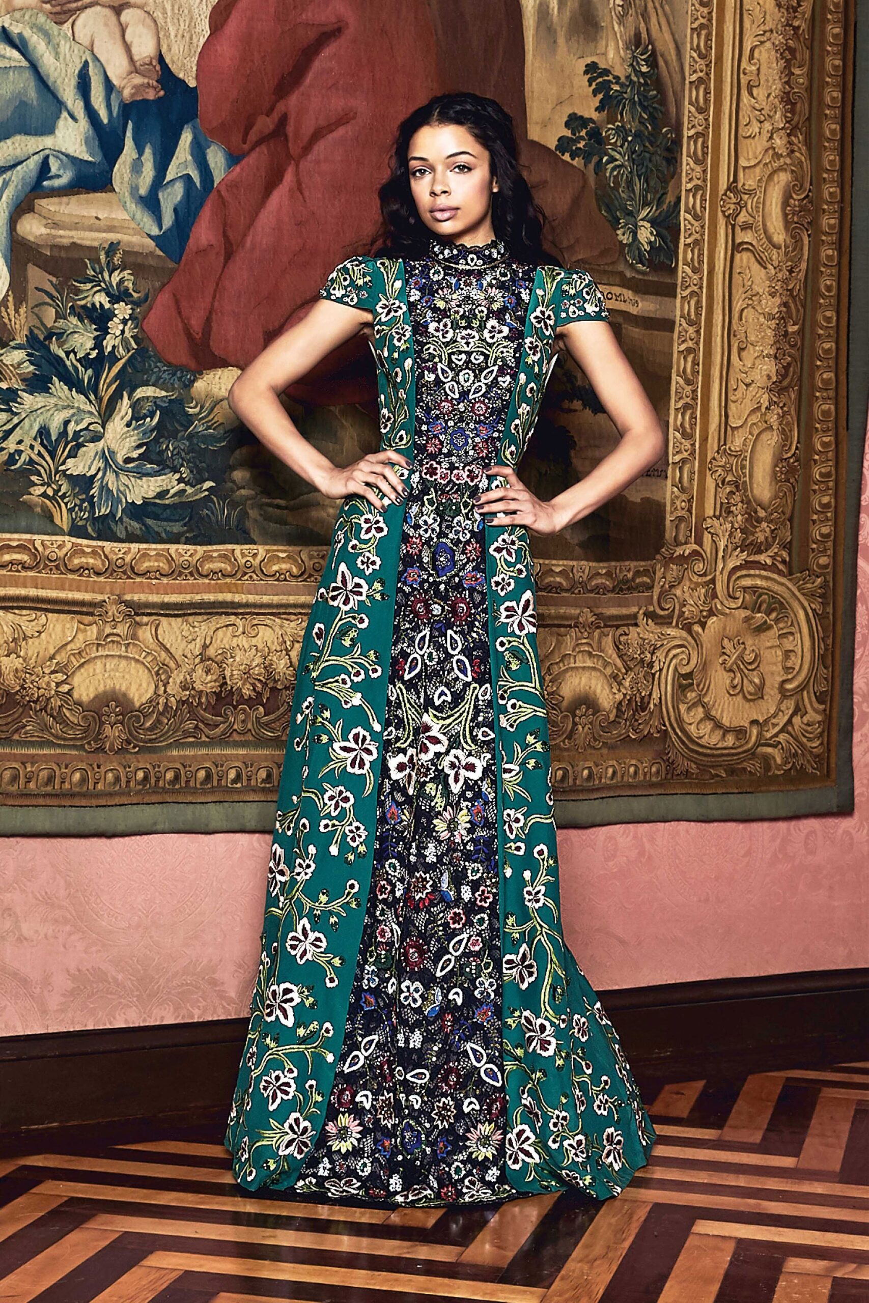 green embroidered maxi gown