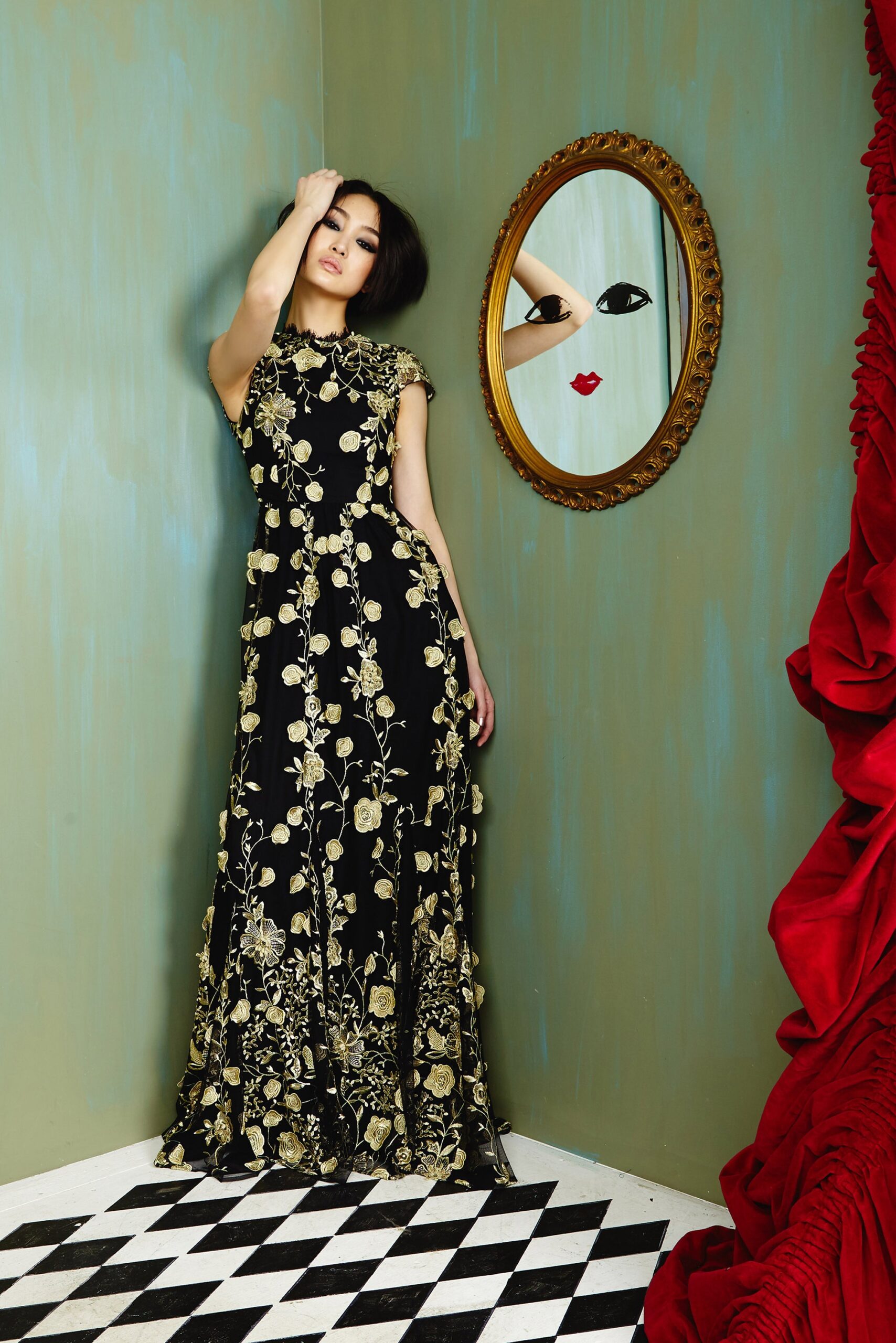 black silk embroidered gown