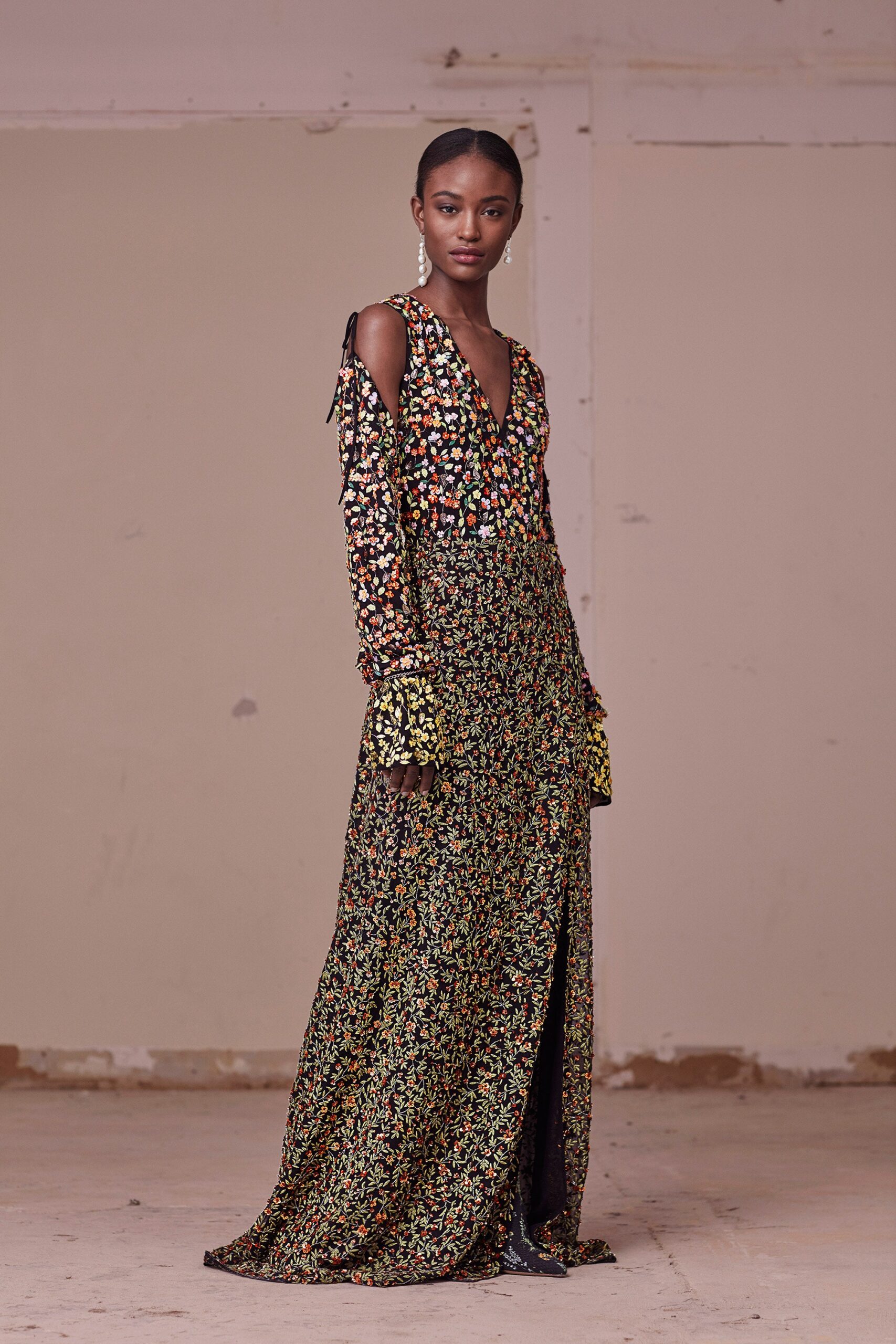 black multi embroidered gown