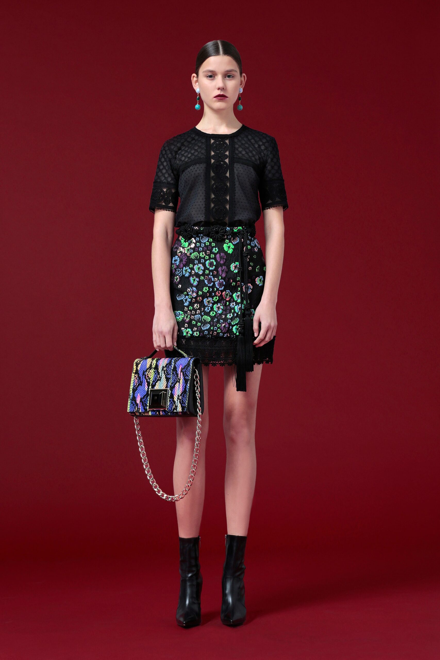 black lace top with mini skirt