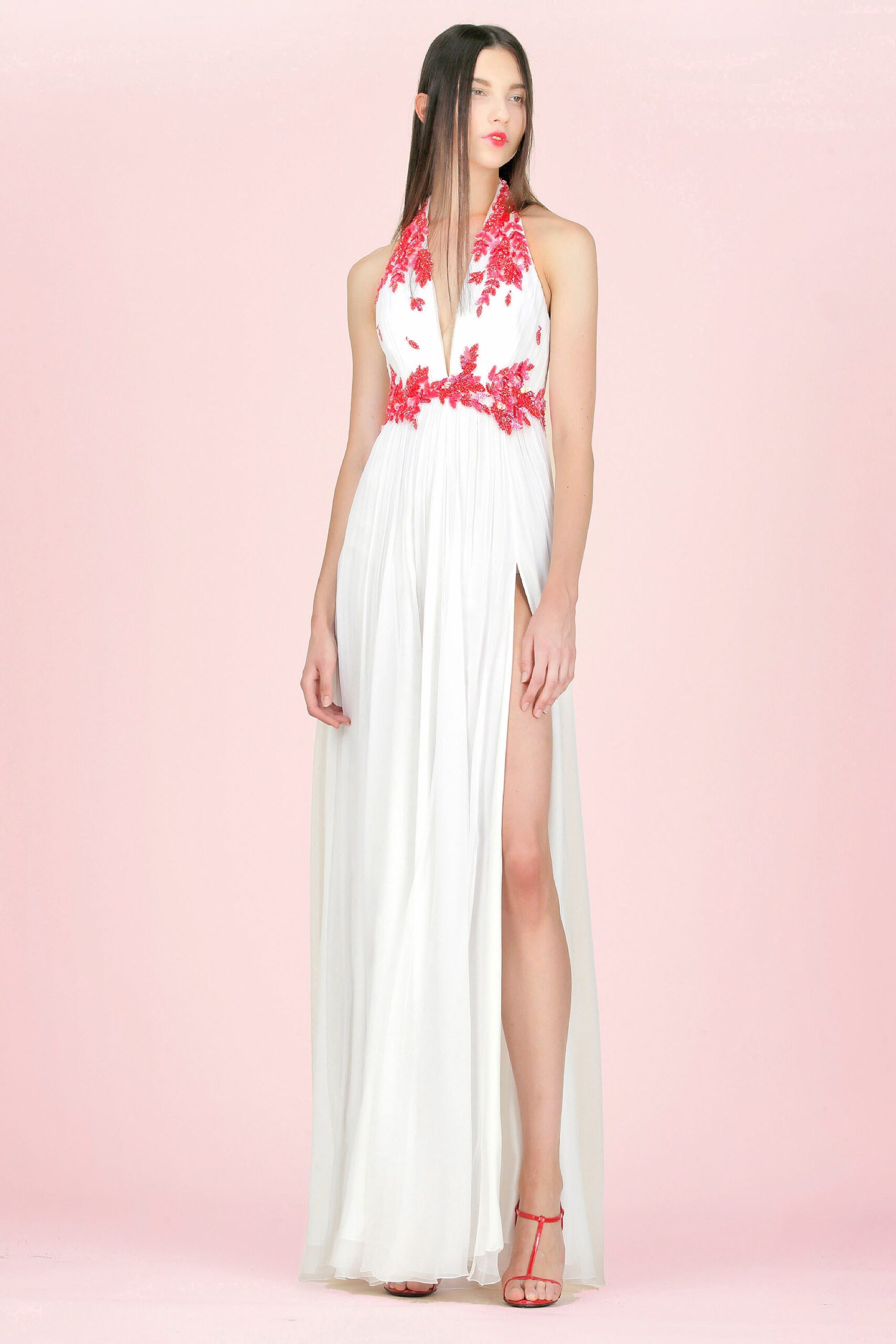 white silk embroidered gown