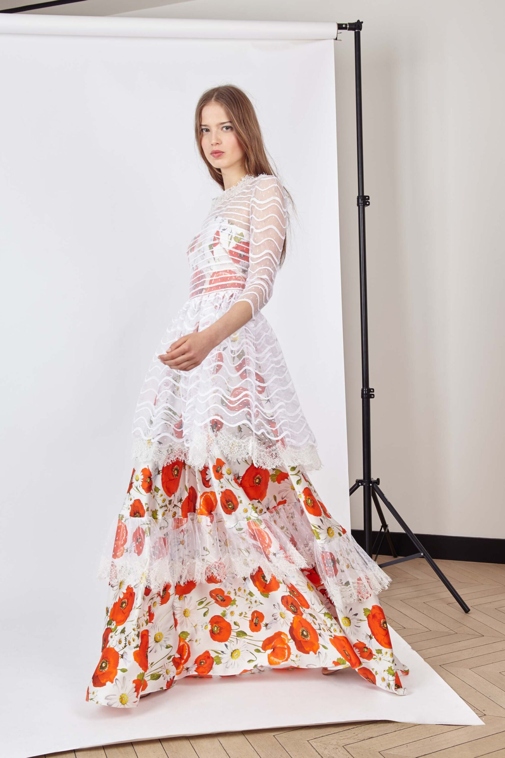 white lace tiered gown