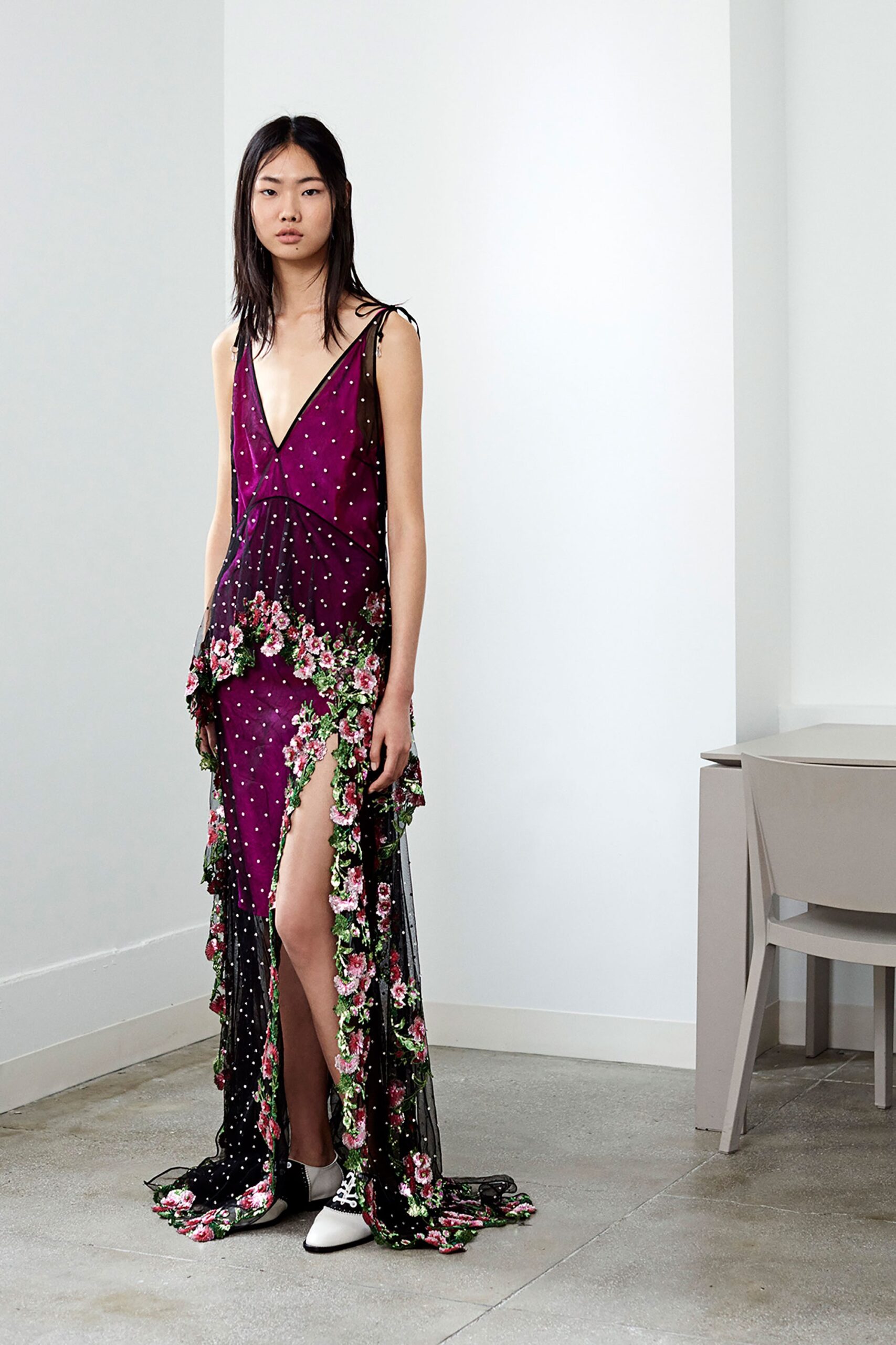 purple black ruffled gown