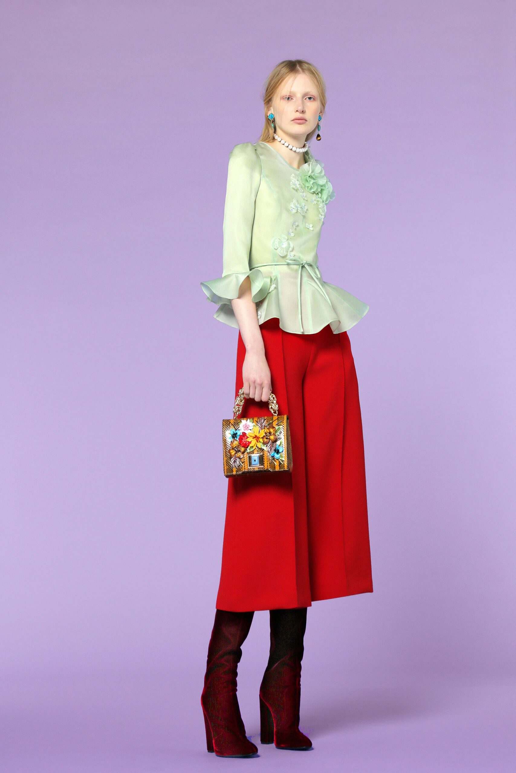 green silk long-sleeve collared fitted ruffled top