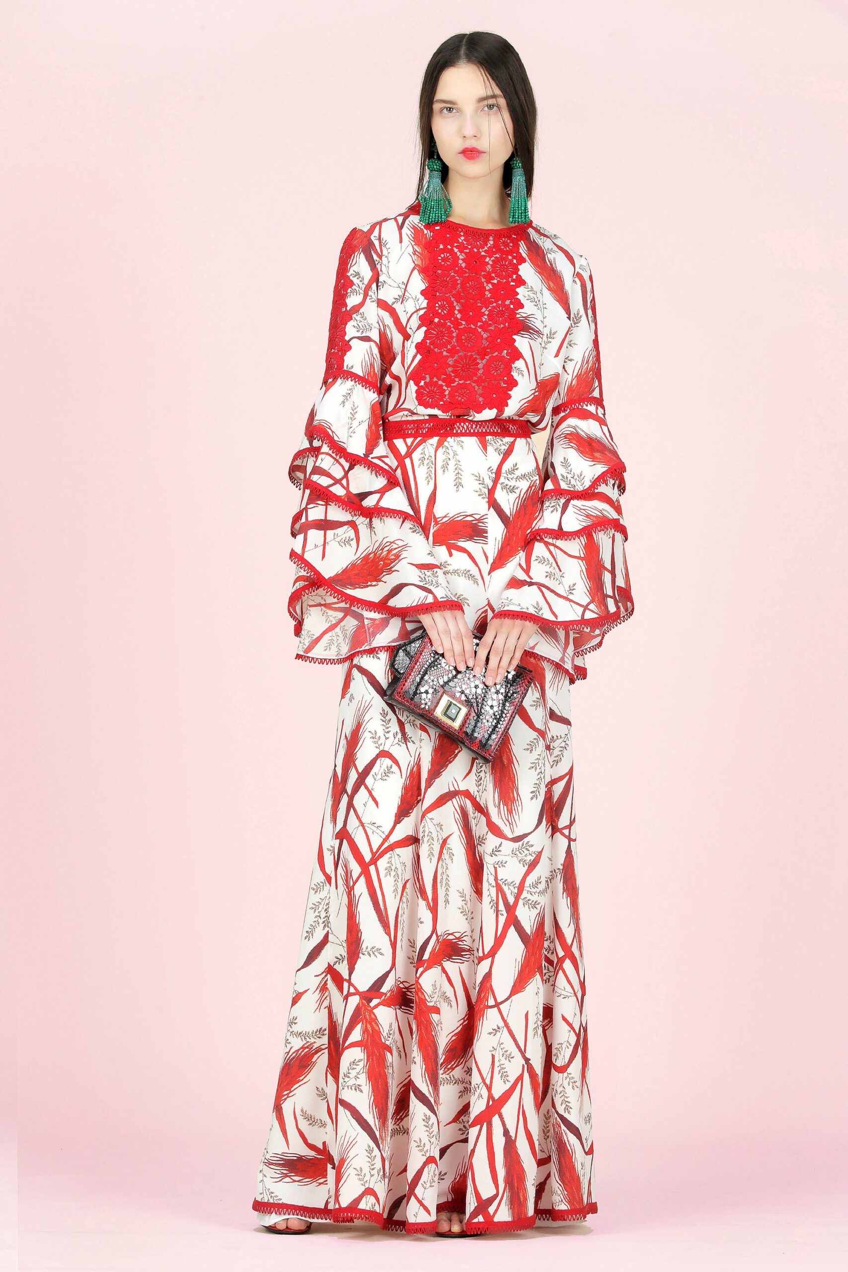red silk long-sleeve high-neck fitted ruffled printed gown