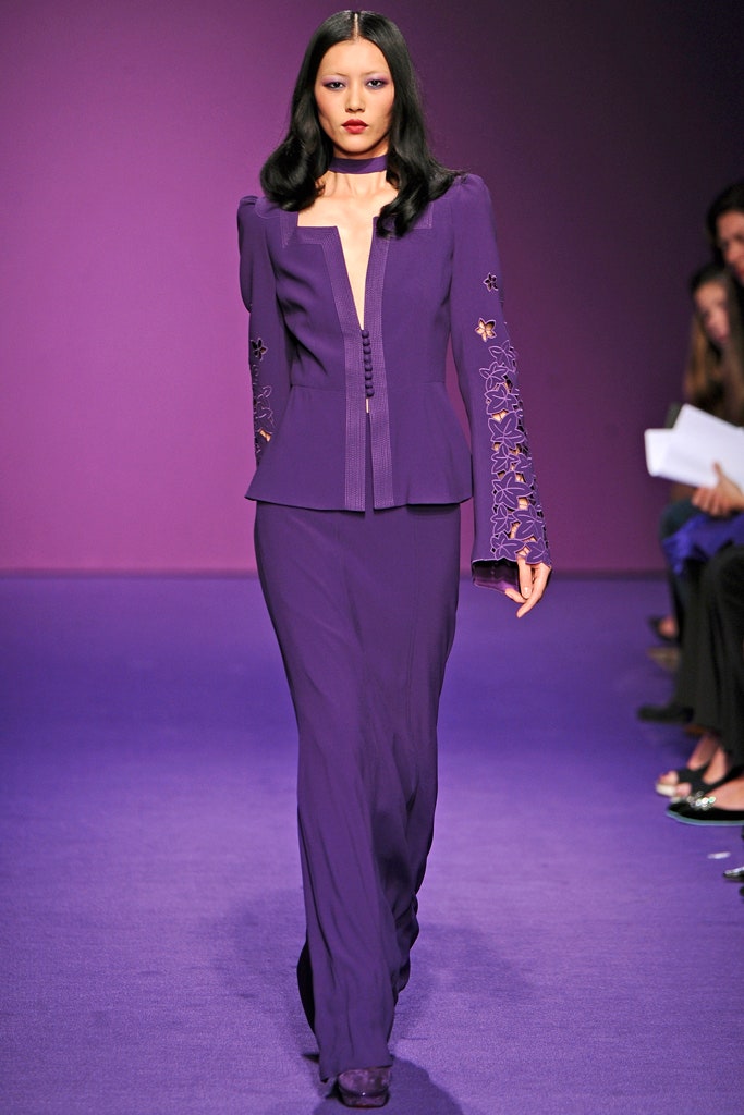 purple silk gown and blazer