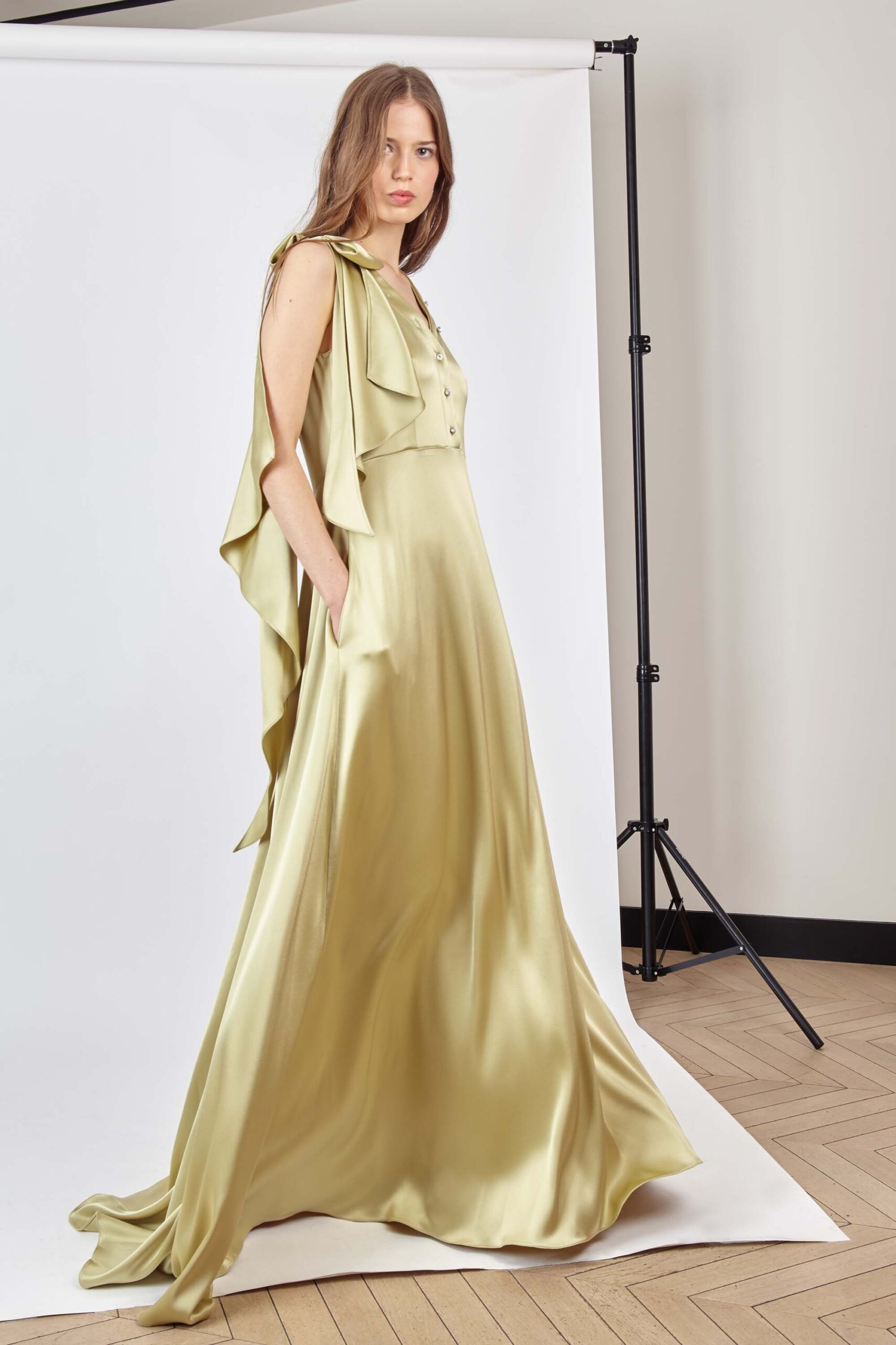 green silk relaxed gown