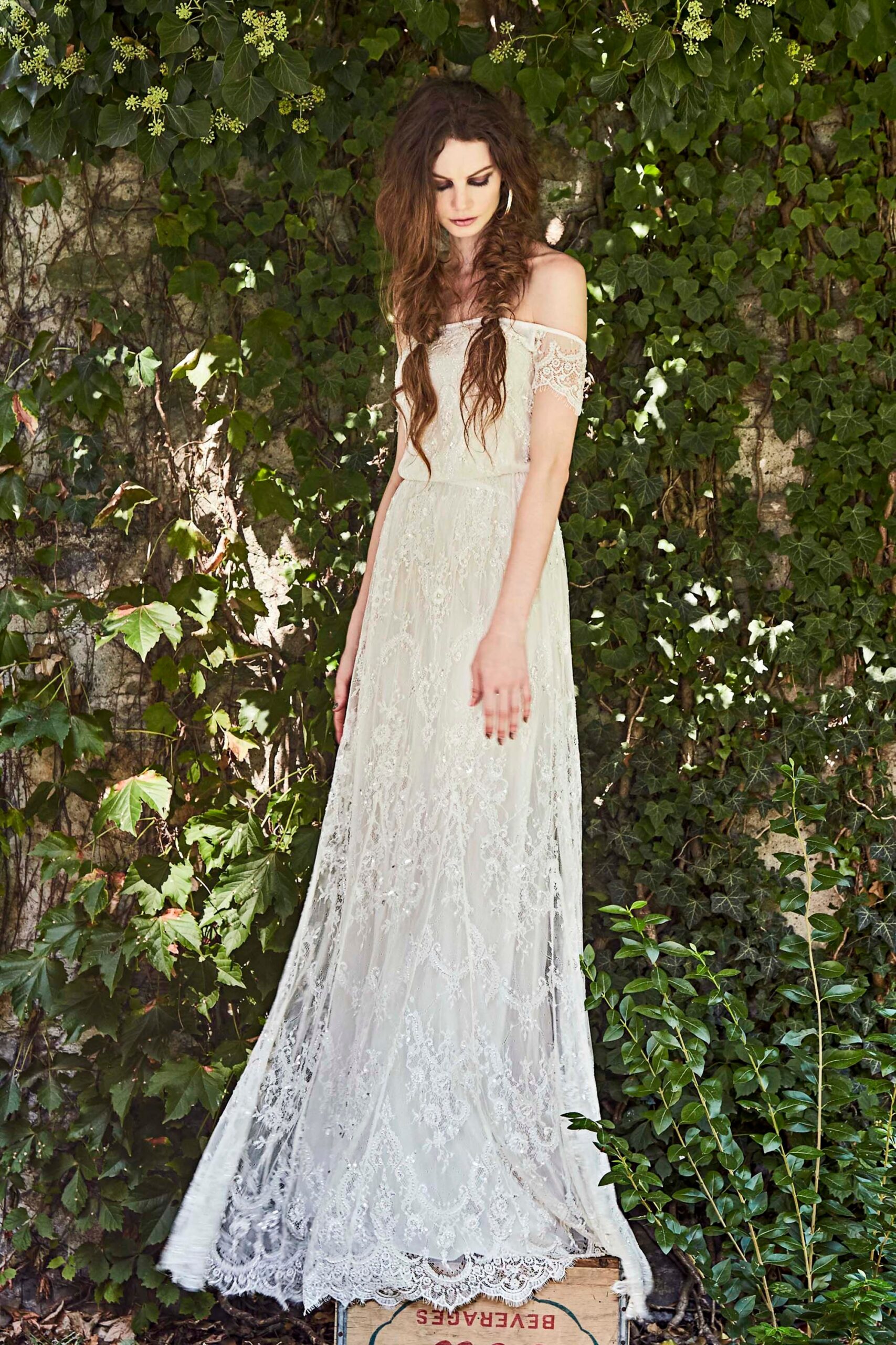 white lace off-shoulder gown