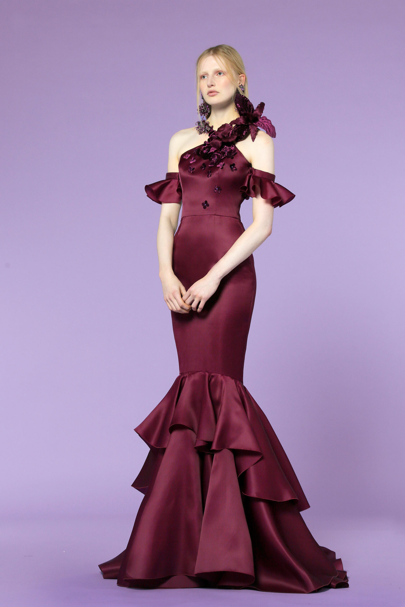 purple silk off-shoulder gown