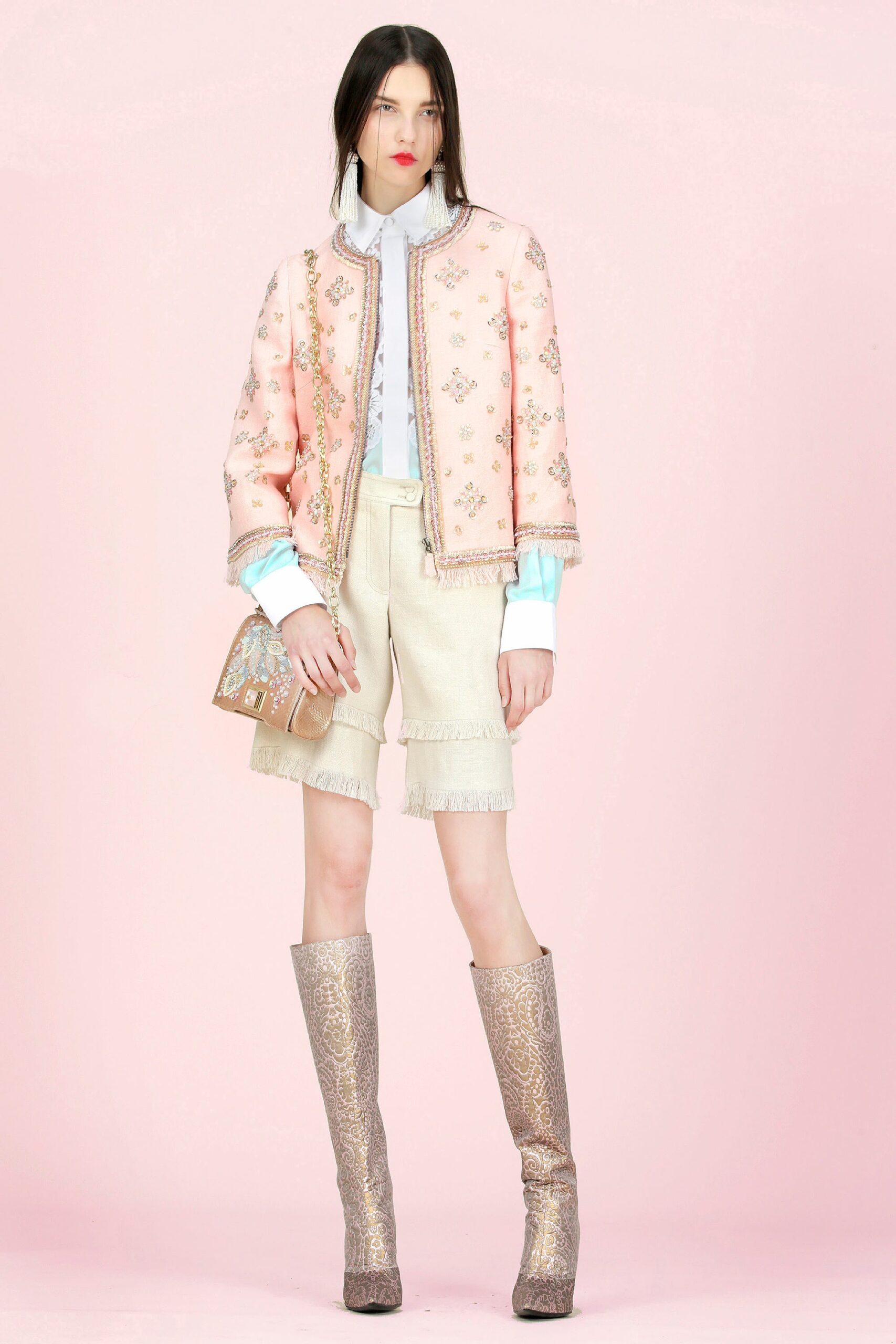 pink embroidered jacket with shorts