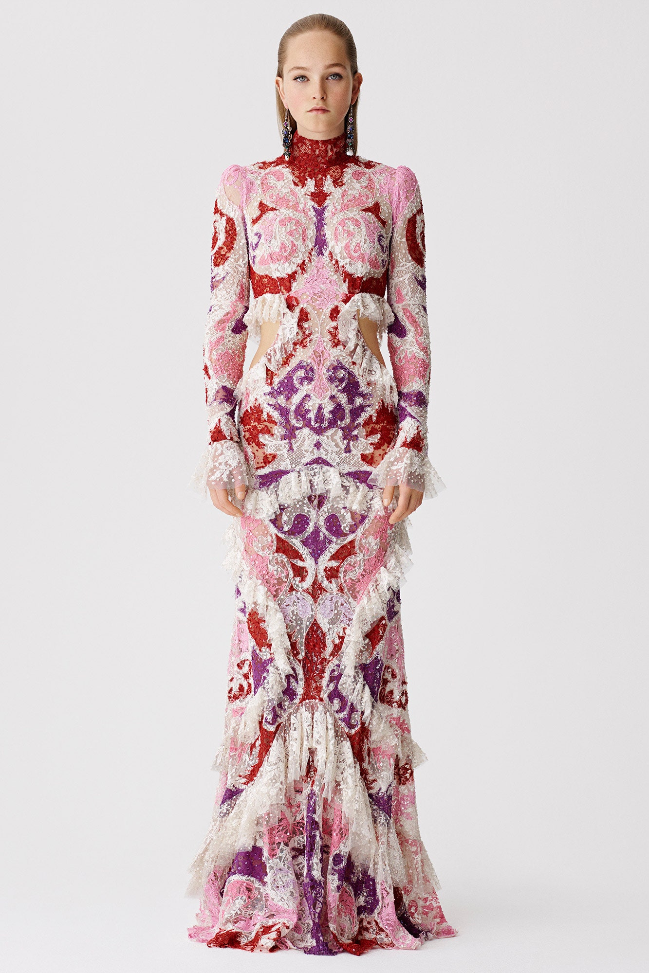 pink embroidered long-sleeve gown
