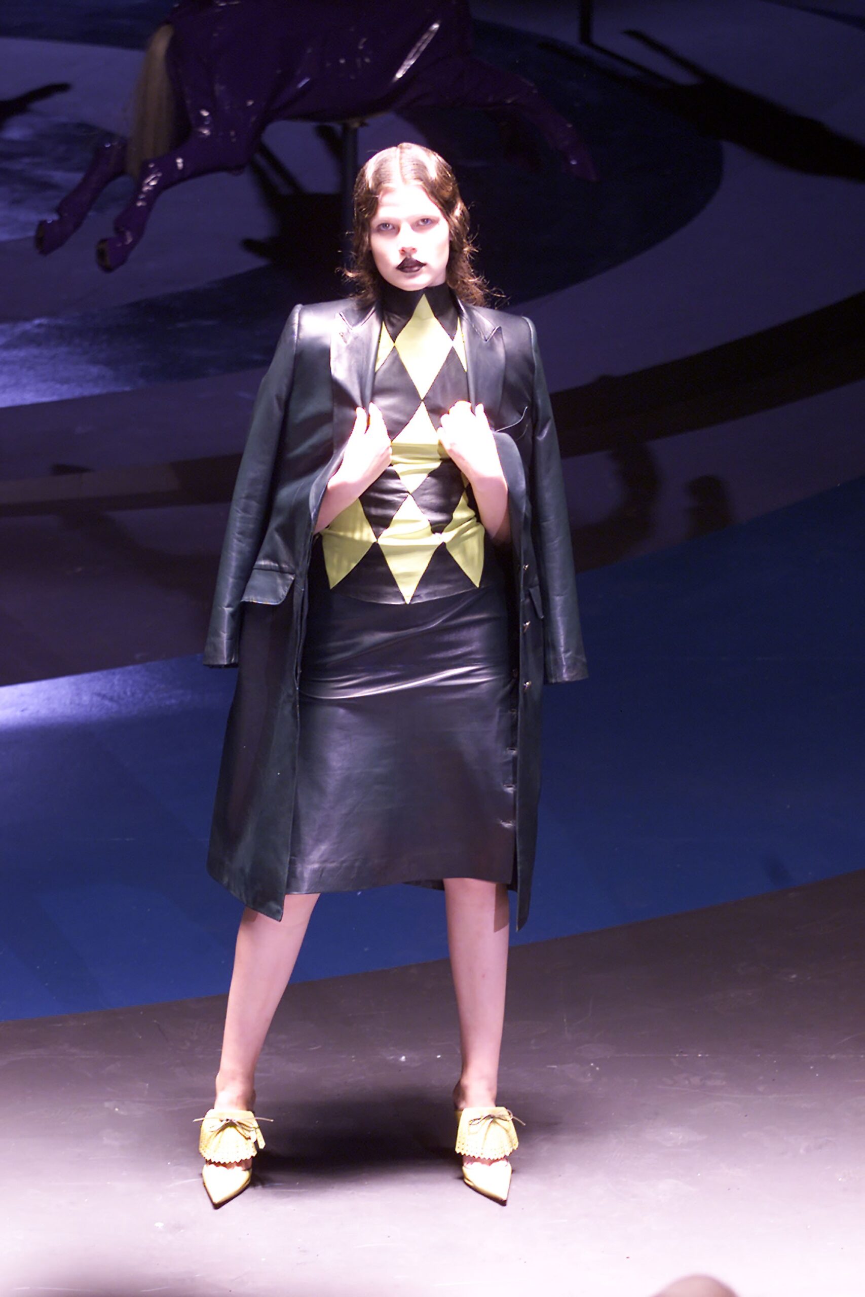 black leather midi dress and coat