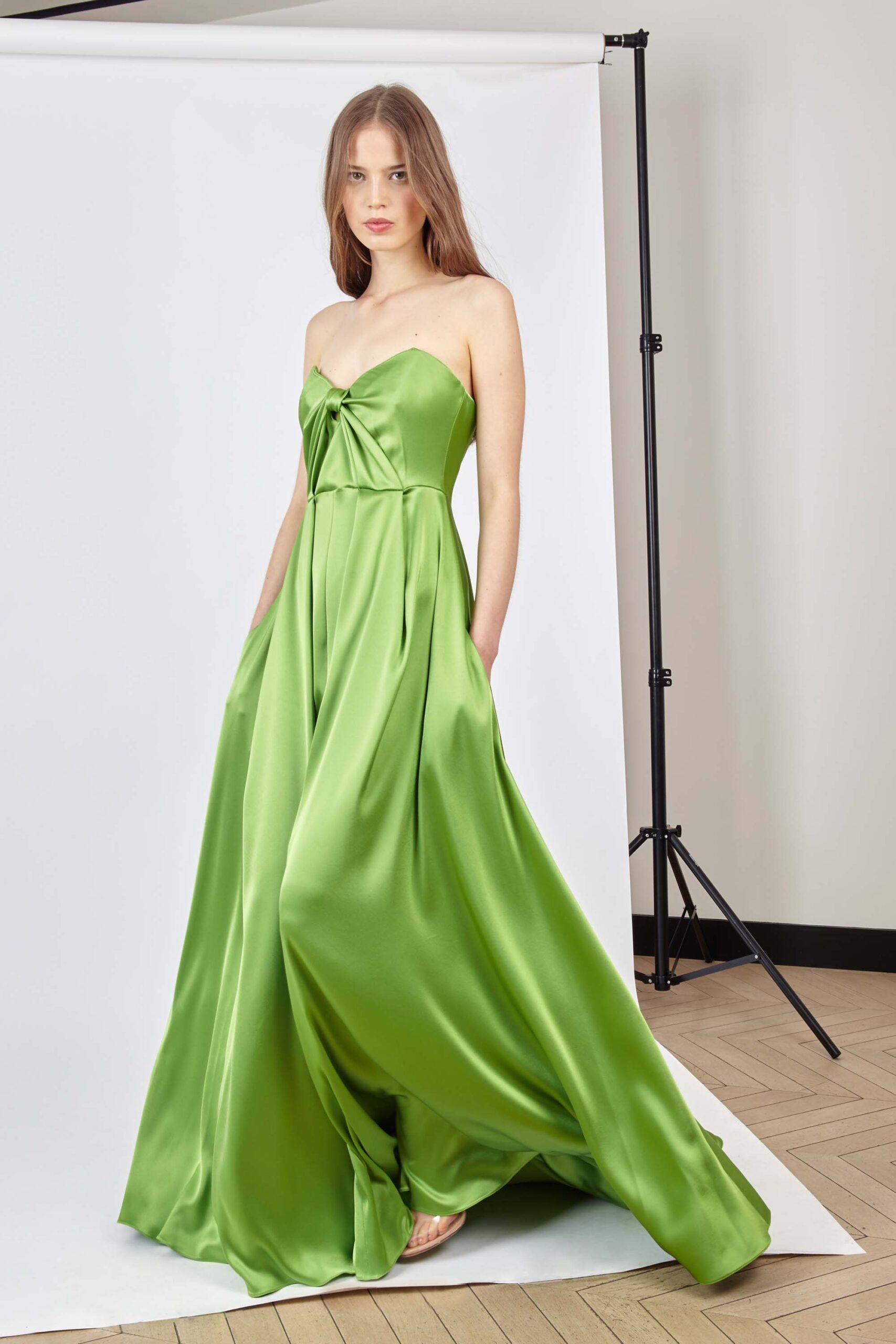 green satin sleeveless gown