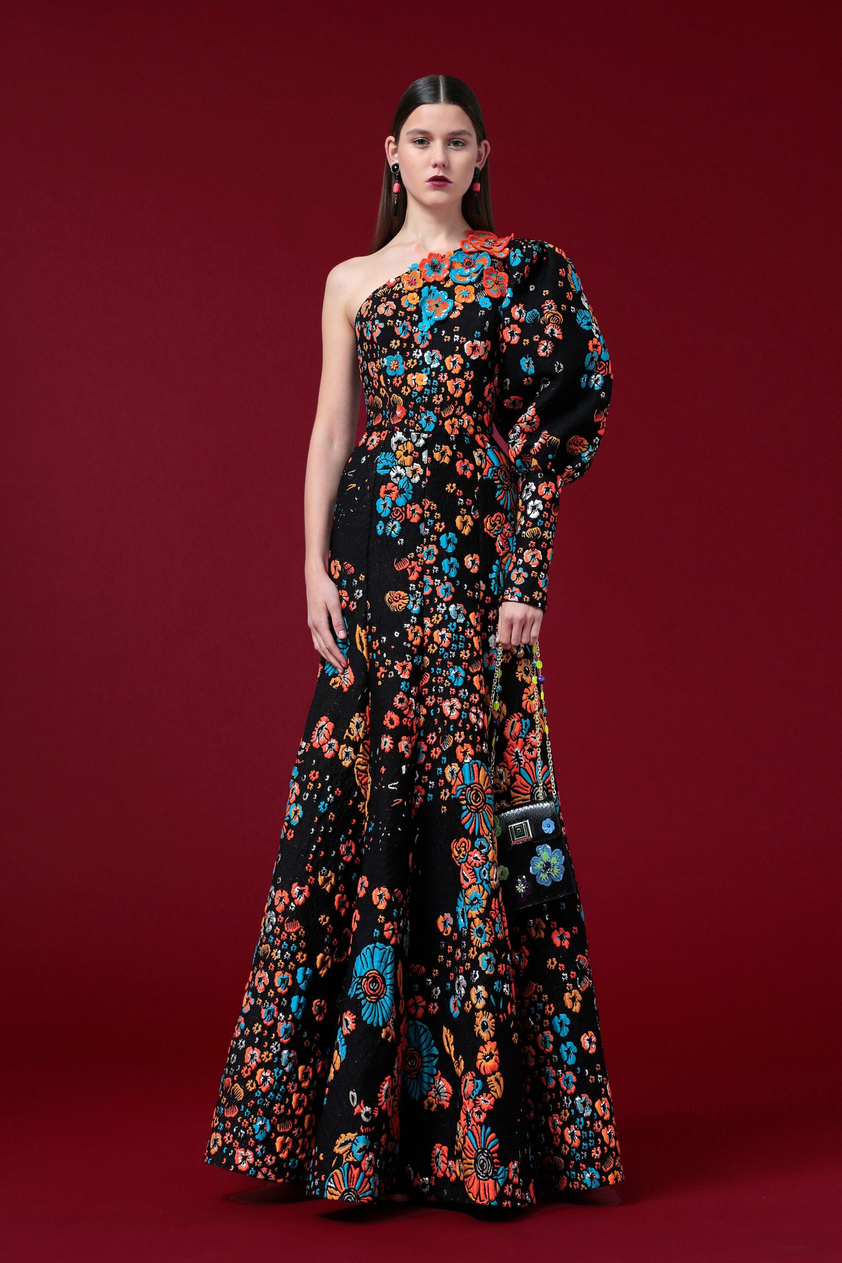 black embroidered one-shoulder gown