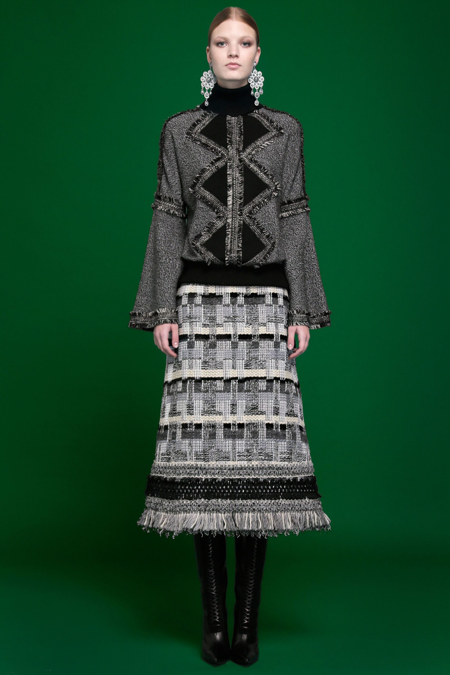 black wool long-sleeve high-neck fitted buttoned fringed top