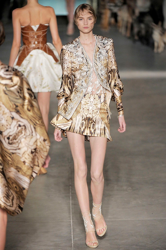 gold silk long-sleeve v-neck fitted flared printed dress
