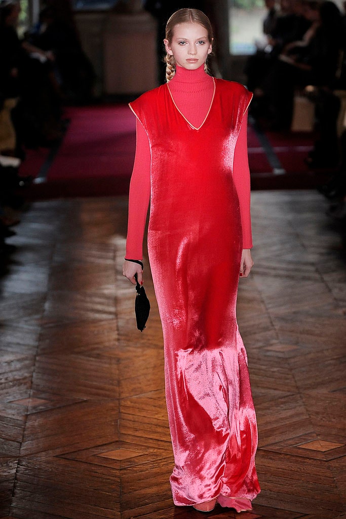 red velvet sleeveless v-neck fitted draped shiny gown