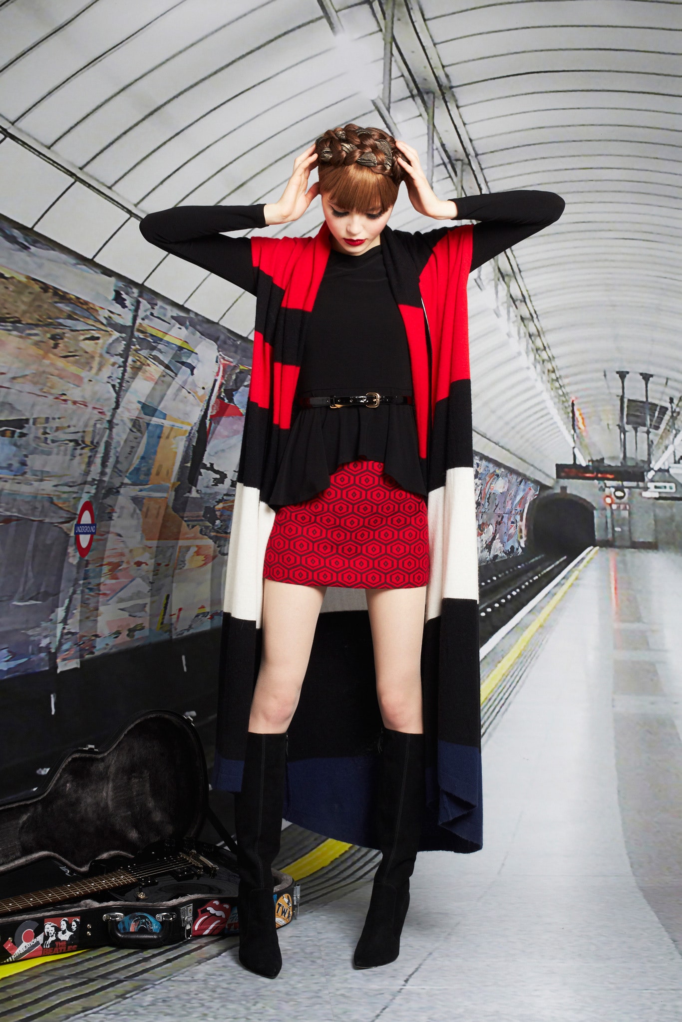 black top red pencil skirt