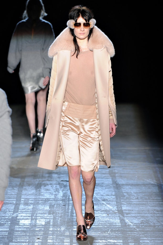 beige wool coat with satin shorts