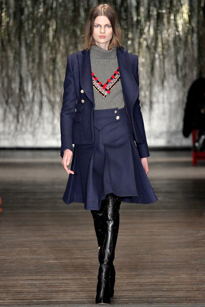 navy tailored blazer with pleated skirt
