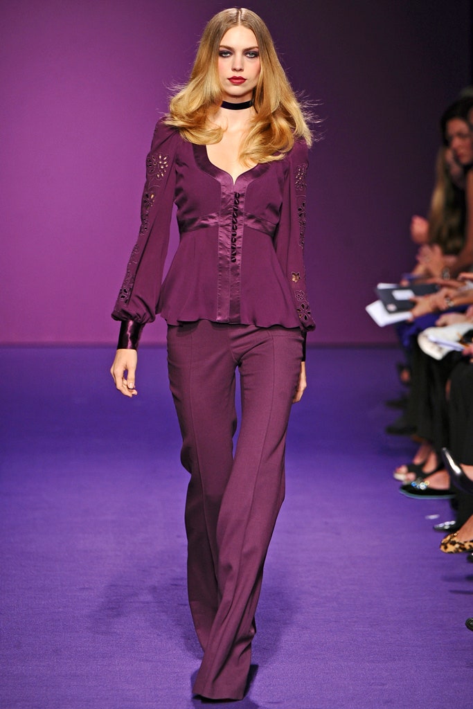 fitted purple blouse and pants