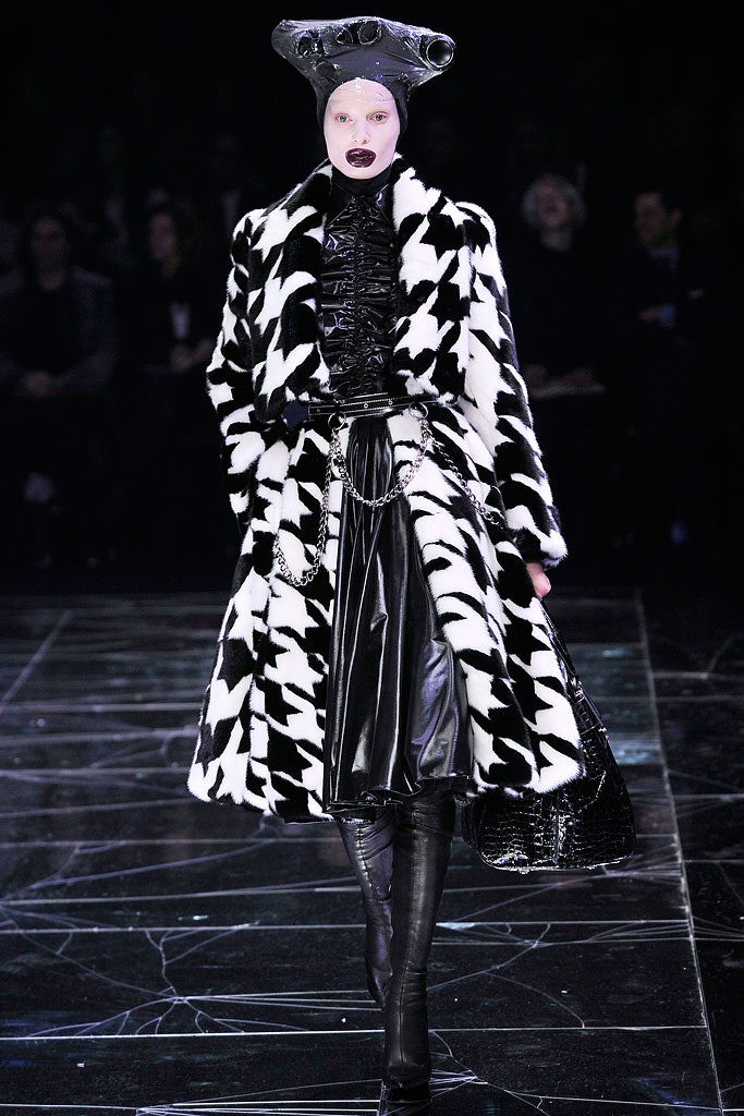 black and white fur coat with leather dress