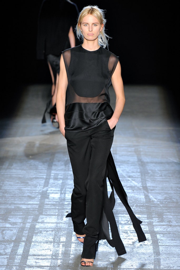 black silk fitted top and tailored pants