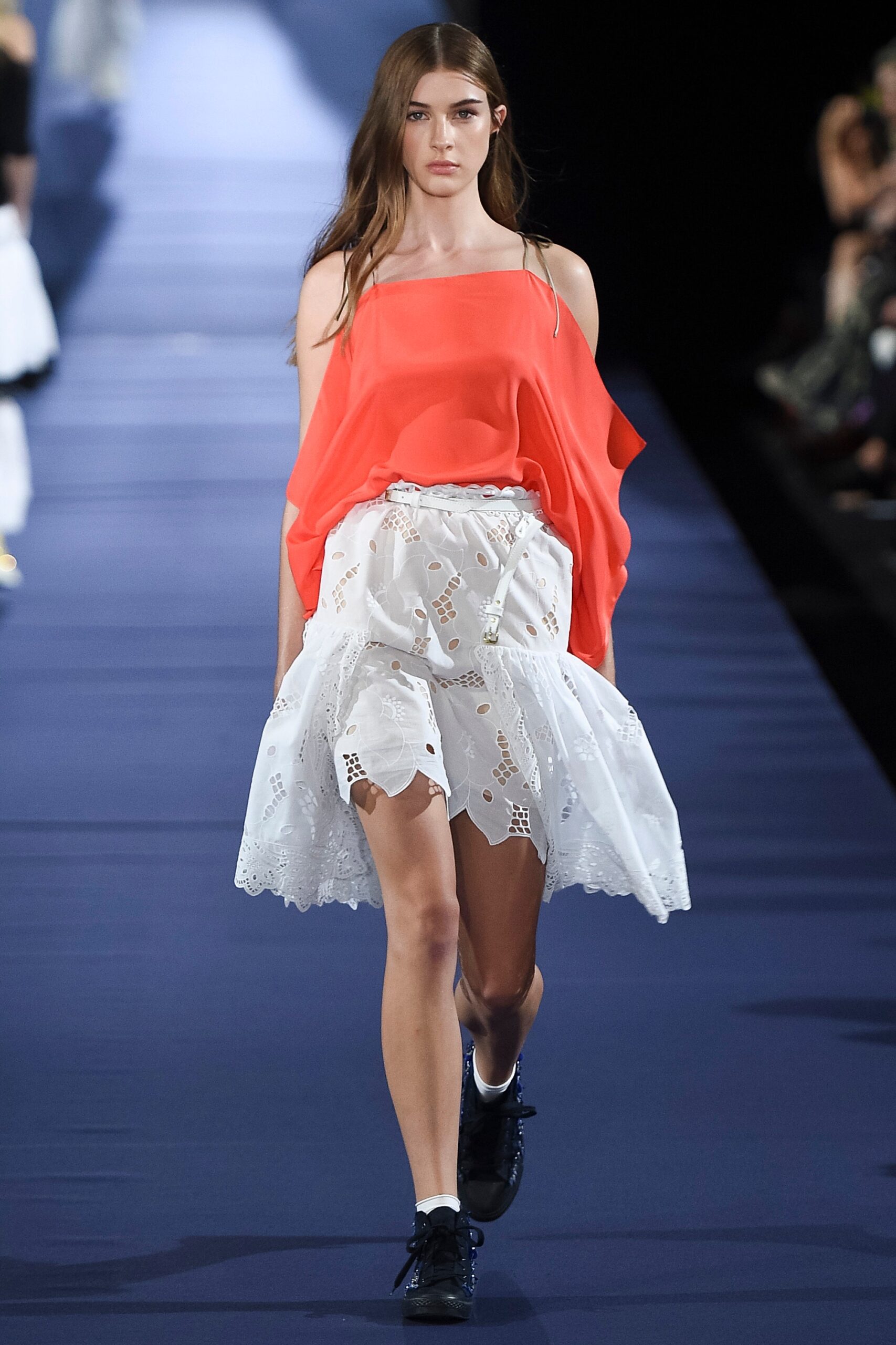 red off-shoulder top and white tiered skirt