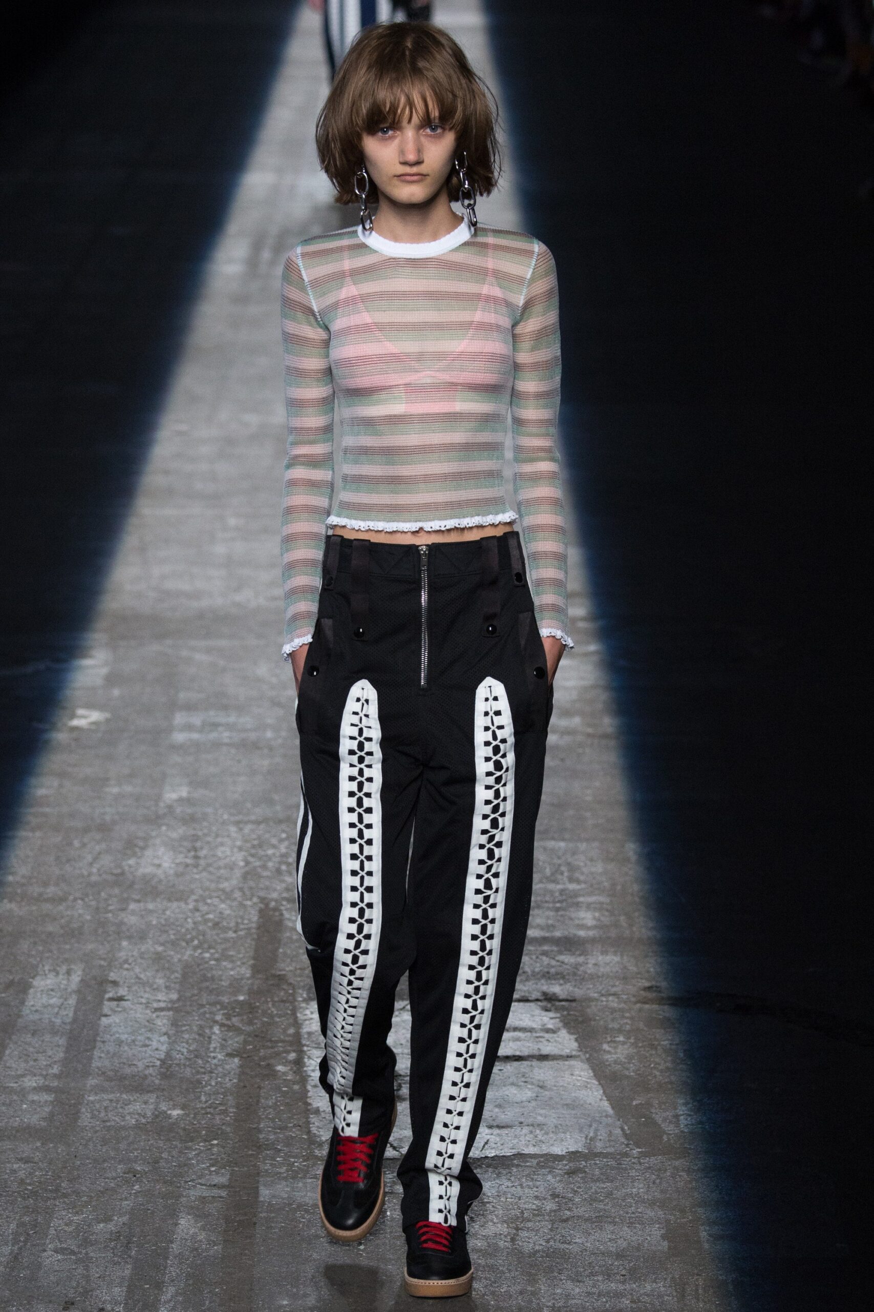 sheer striped top and relaxed pants