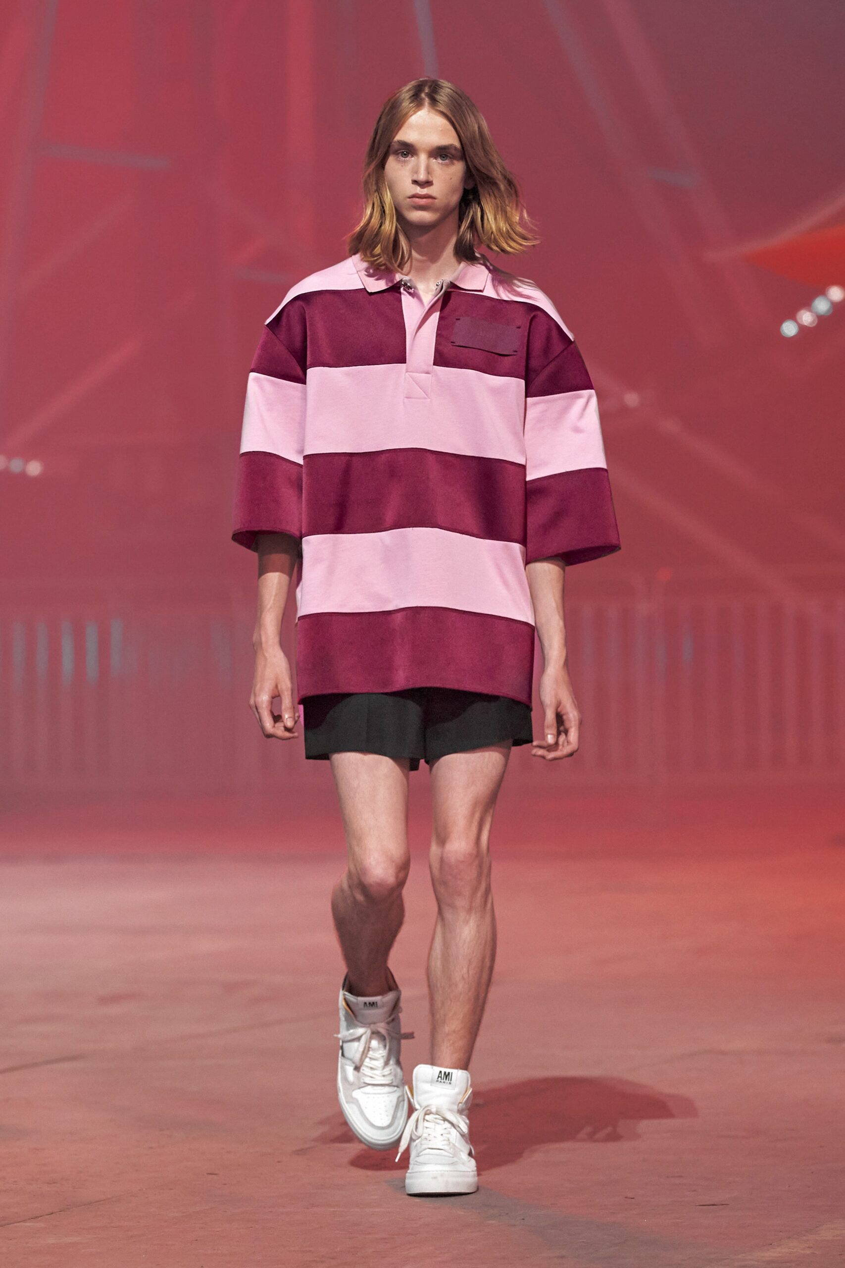 pink short-sleeve collared relaxed striped short shirt