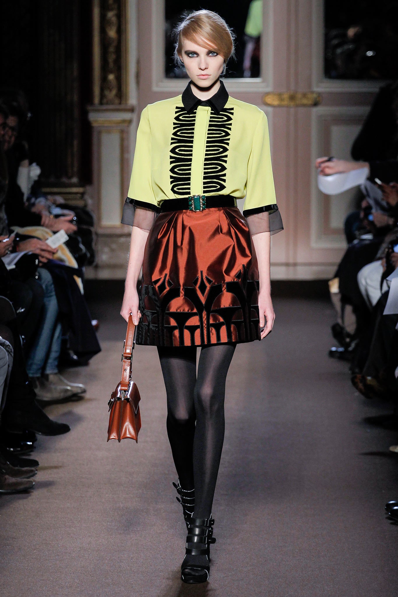 yellow short-sleeve collared fitted printed top