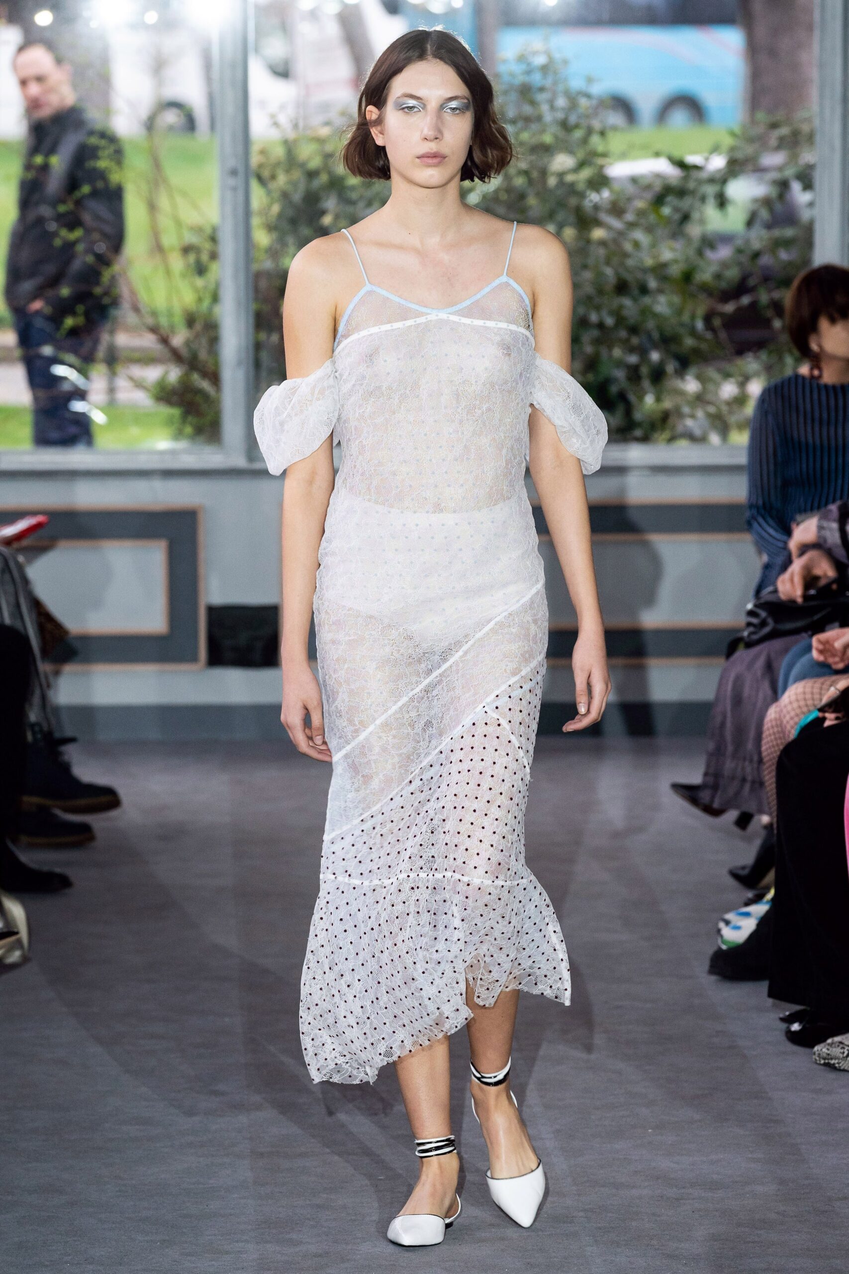 white sheer off-shoulder dress