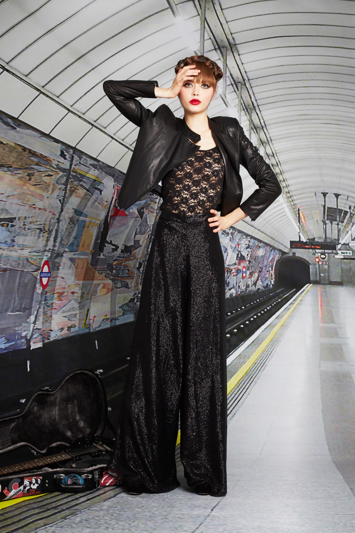 black leather jacket with lace top