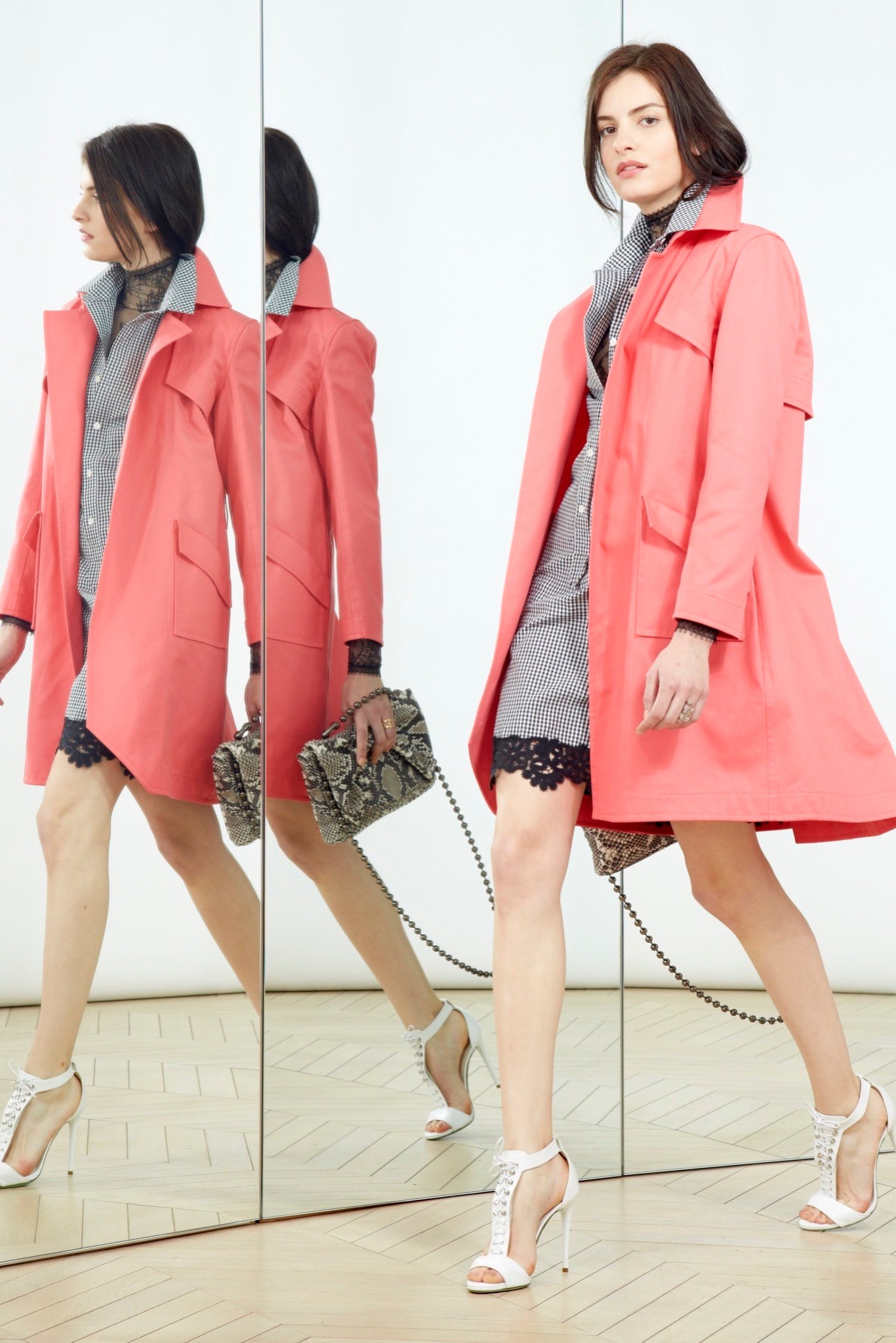 coral coat and striped mini dress