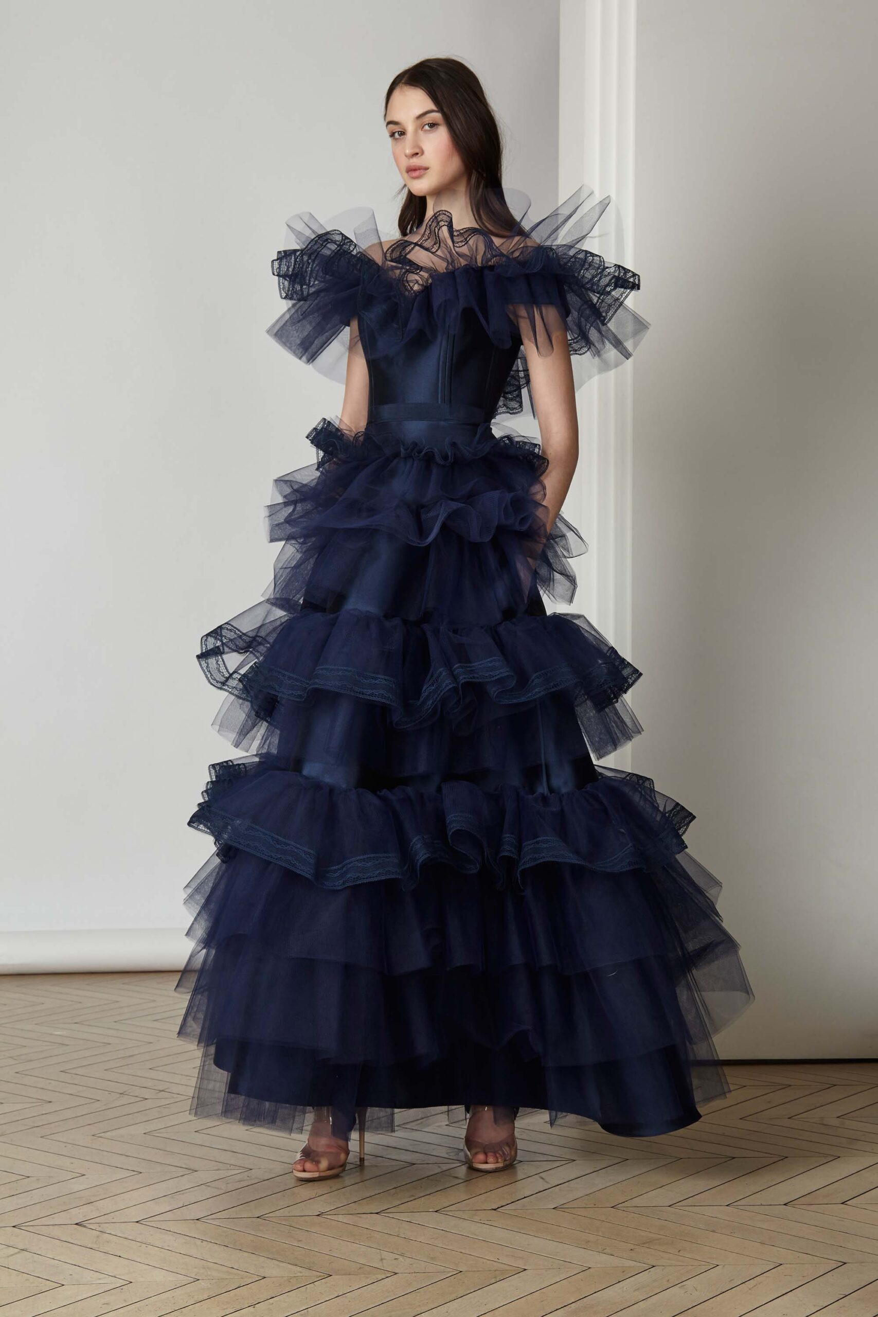 navy ruffled off-shoulder gown