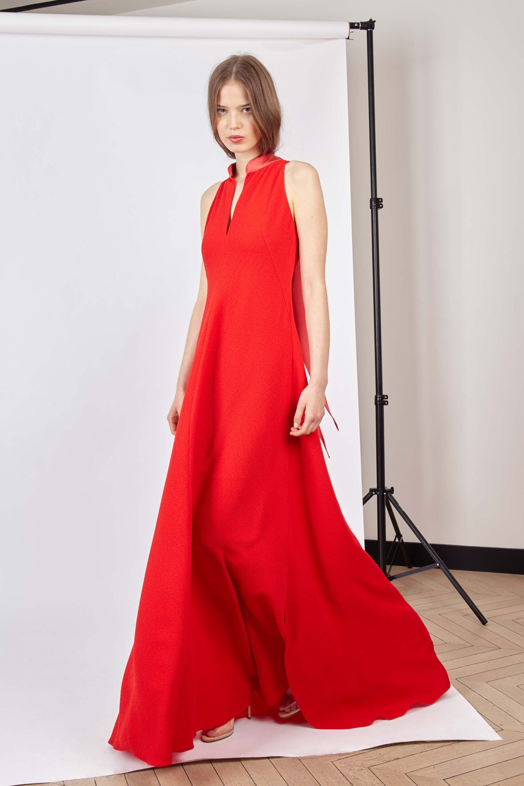 fitted red silk maxi dress