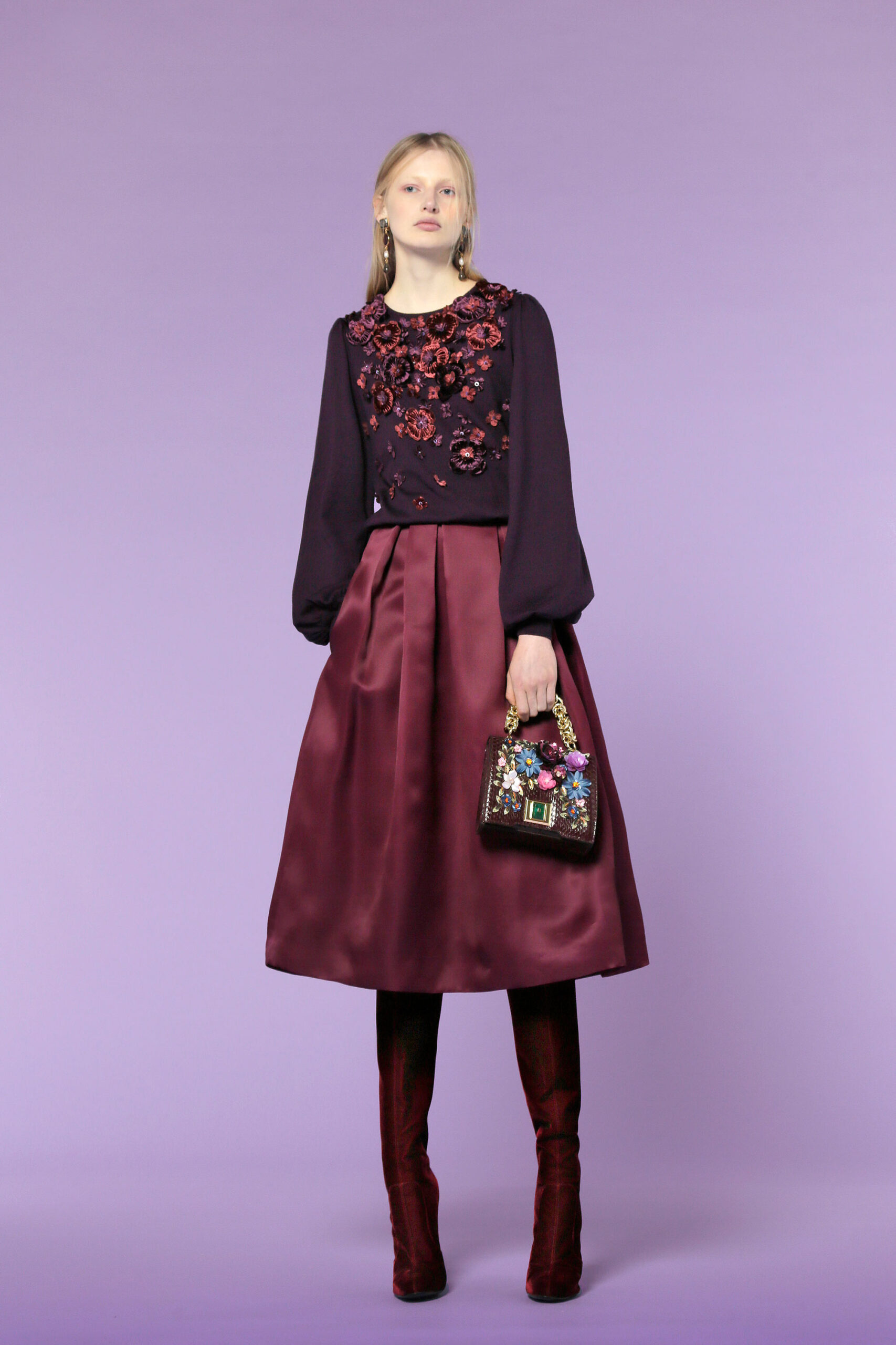 black silk blouse with maroon skirt