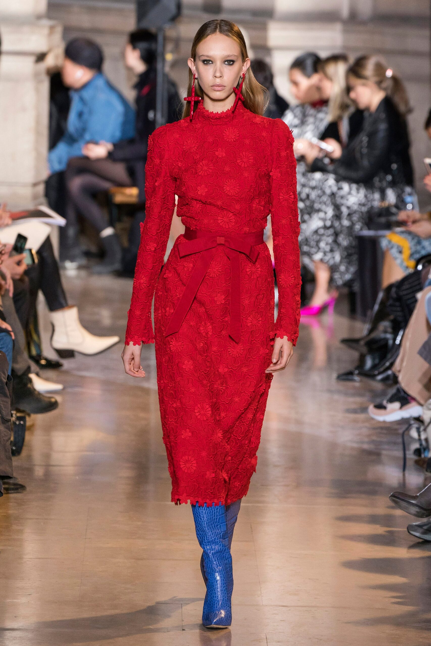 red lace midi dress with blue boots