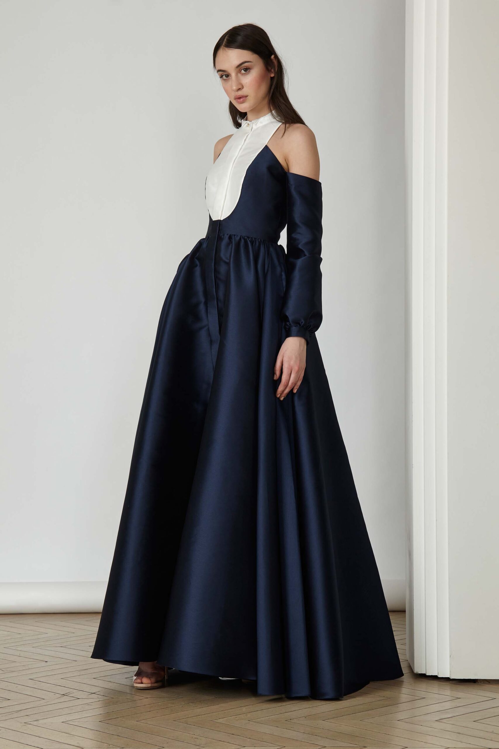 navy silk off-shoulder gown