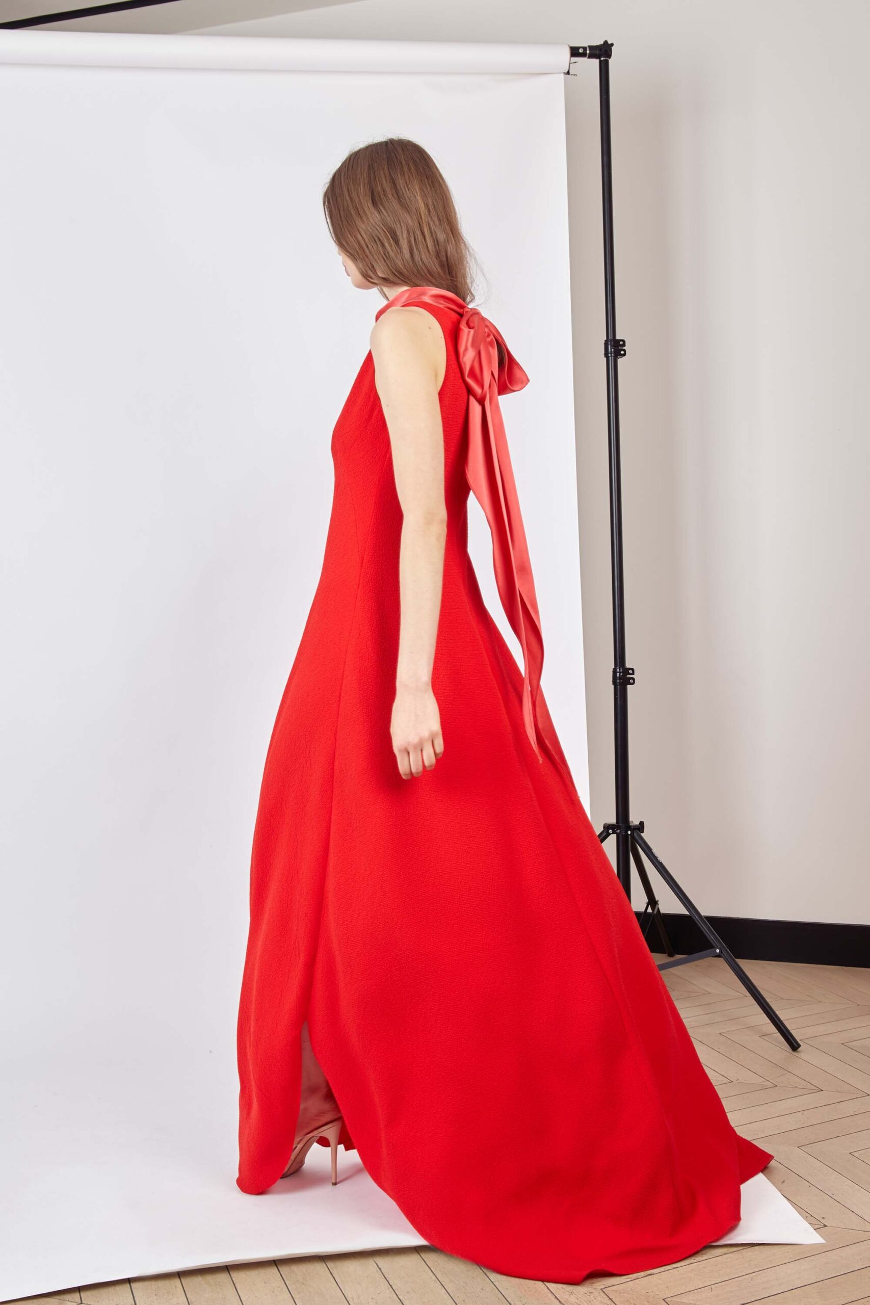red silk sleeveless gown