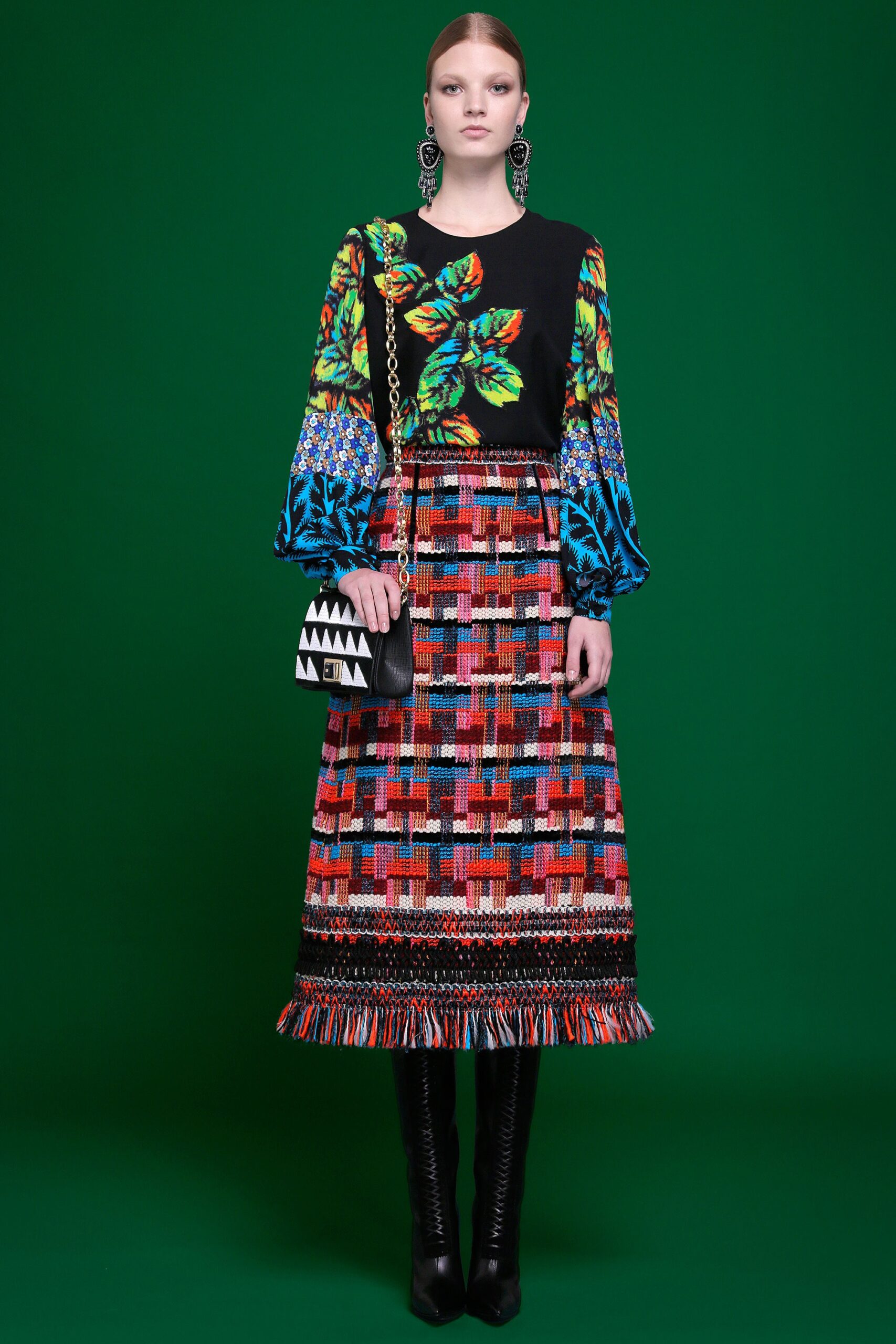 embroidered black top with multi-tiered skirt