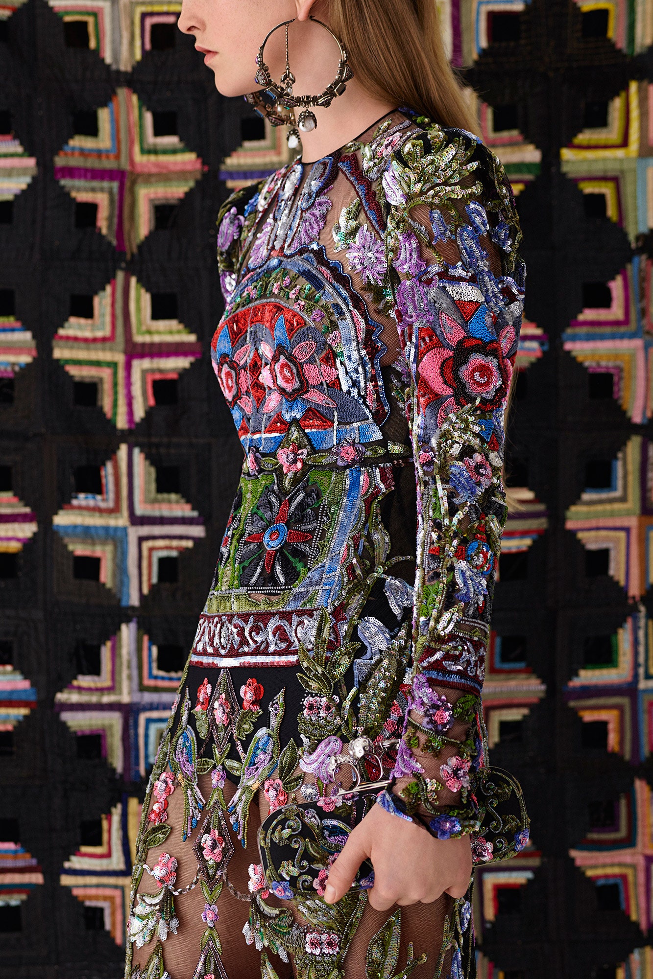 black multi embroidered midi dress