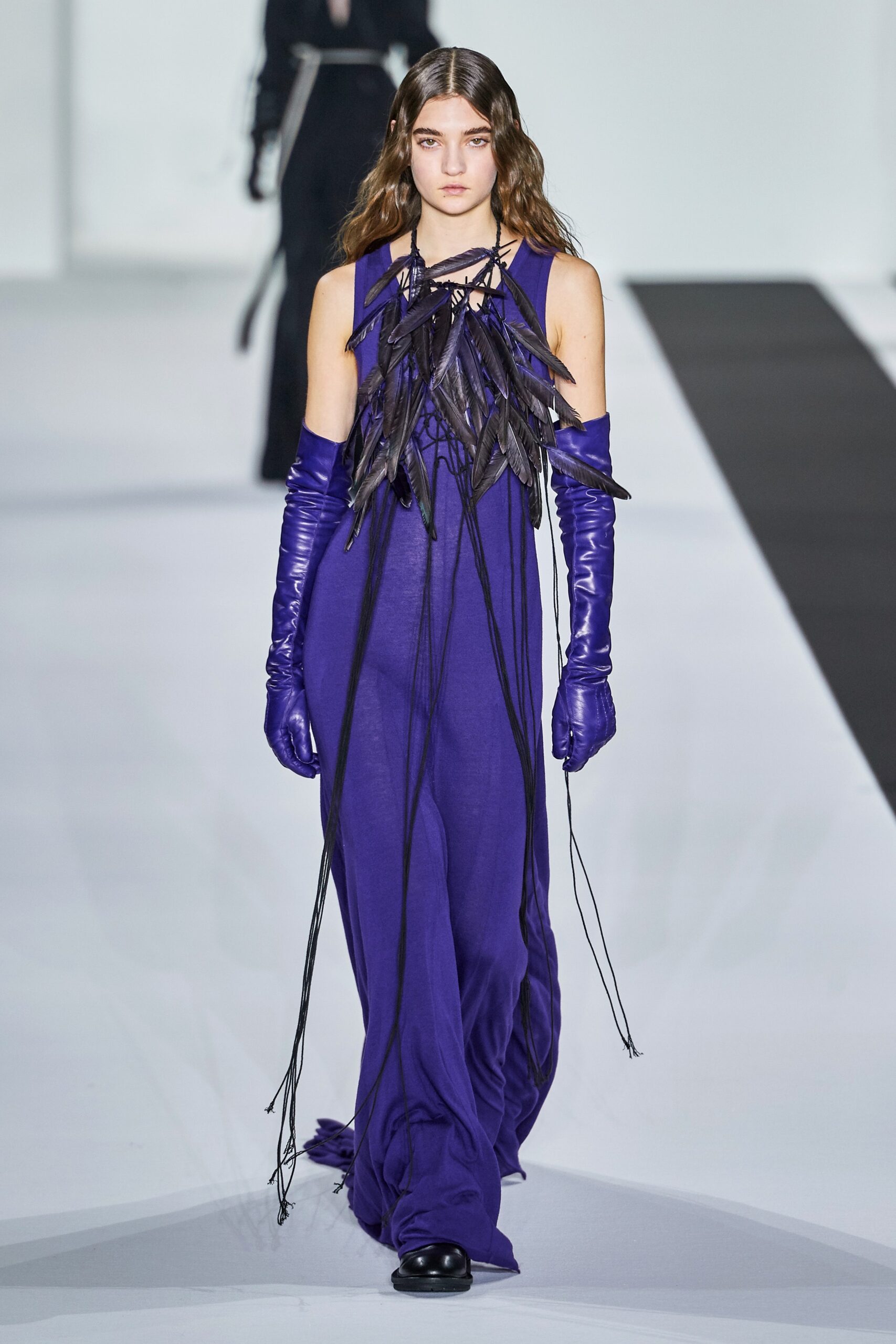 purple silk maxi dress with gloves