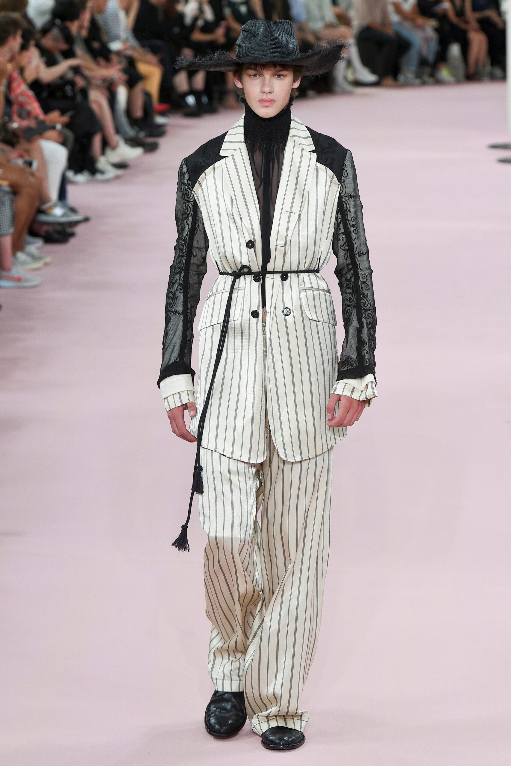 white cotton long-sleeve collared tailored striped buttoned suit