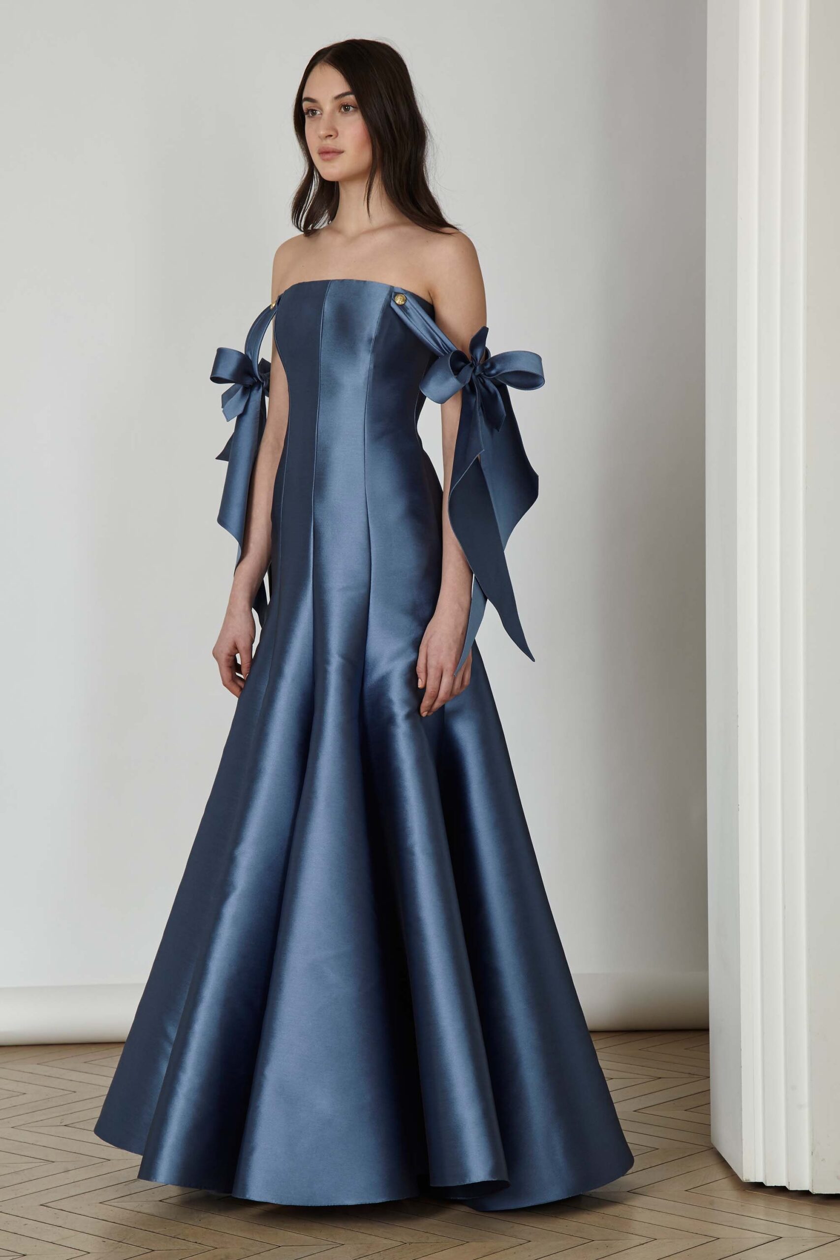 blue silk strapless gown